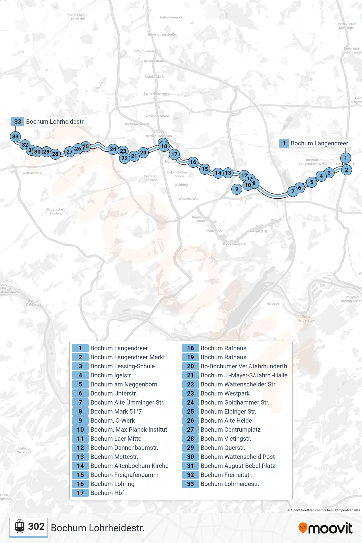 302 tram Line (Bochum Lohrheidestr.) route and stops on a map