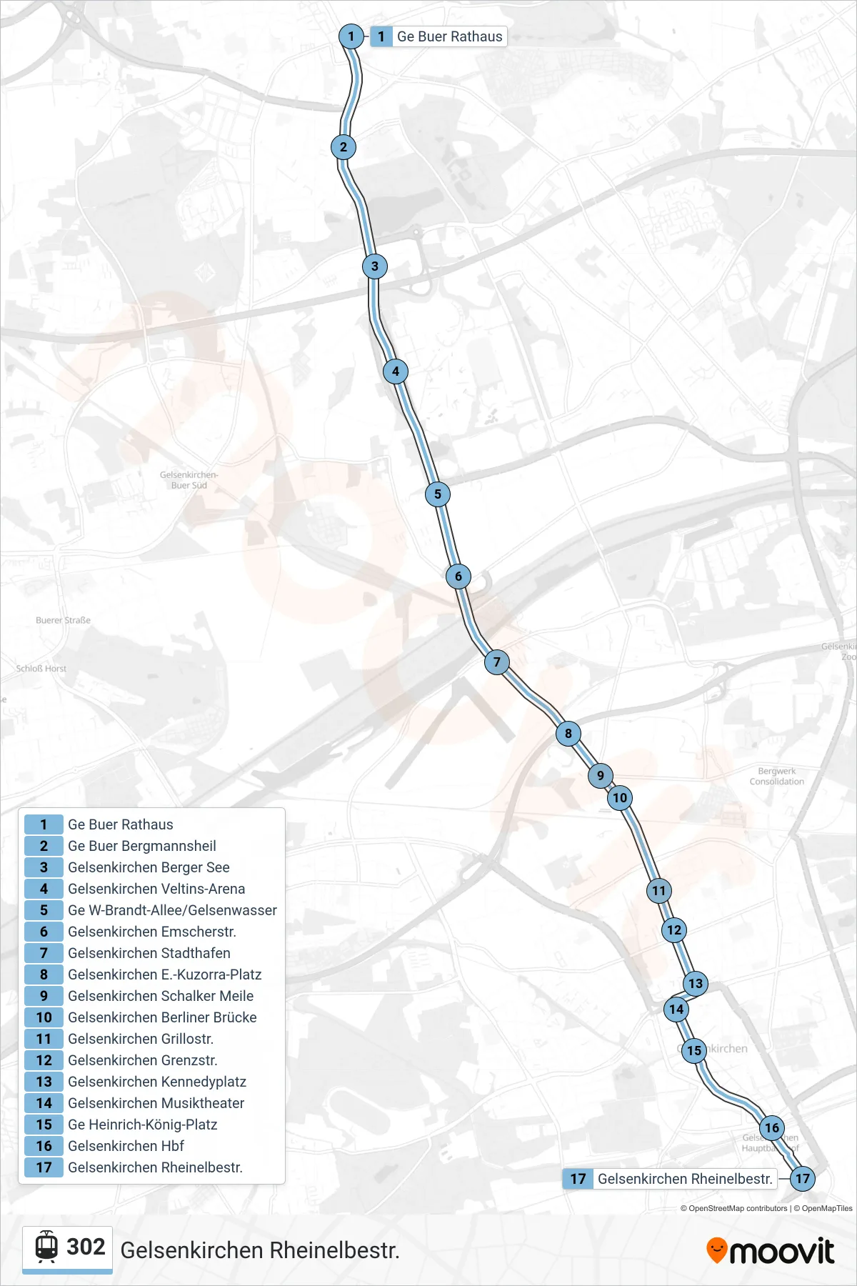 302 tram Line (Gelsenkirchen Rheinelbestr.) route and stops on a map