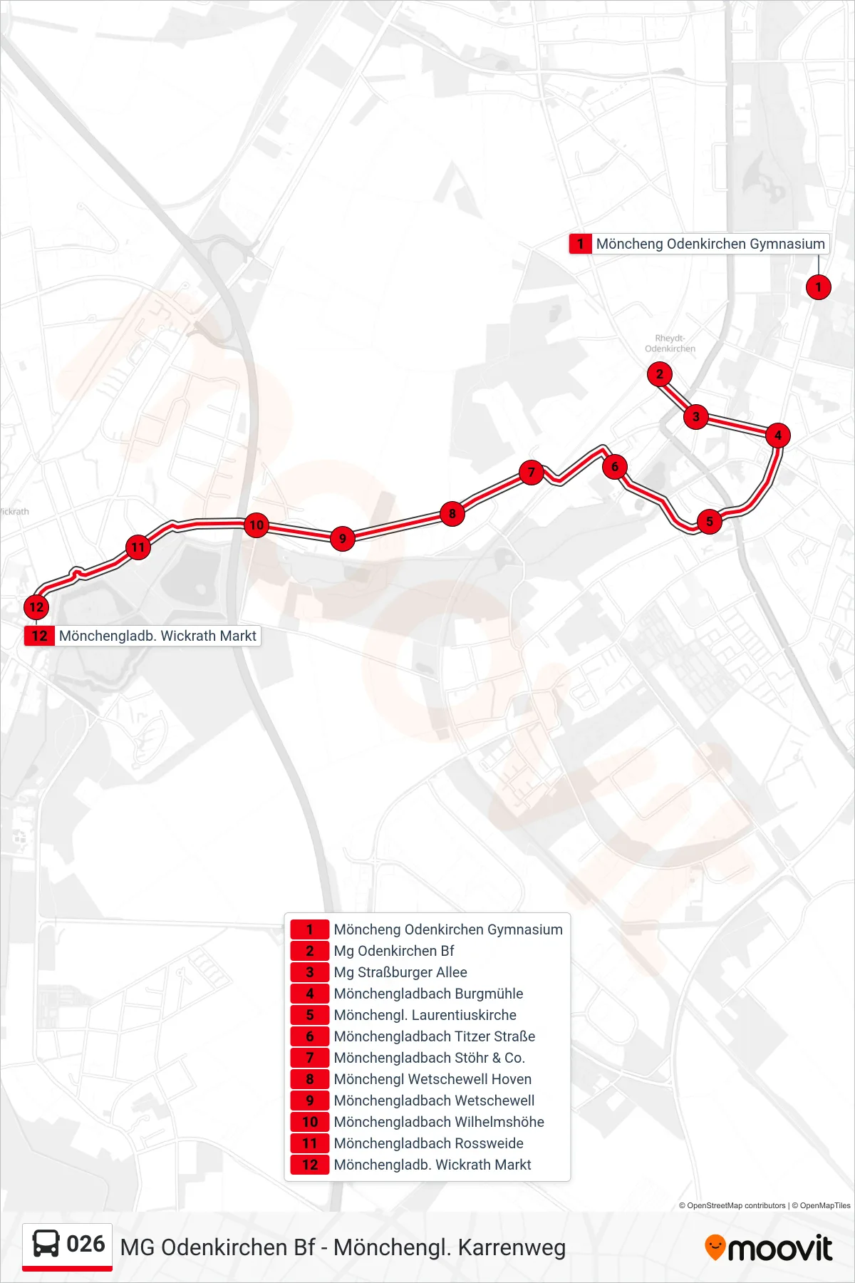 026 bus Line (Mönchengladb. Wickrath Markt) route and stops on a map