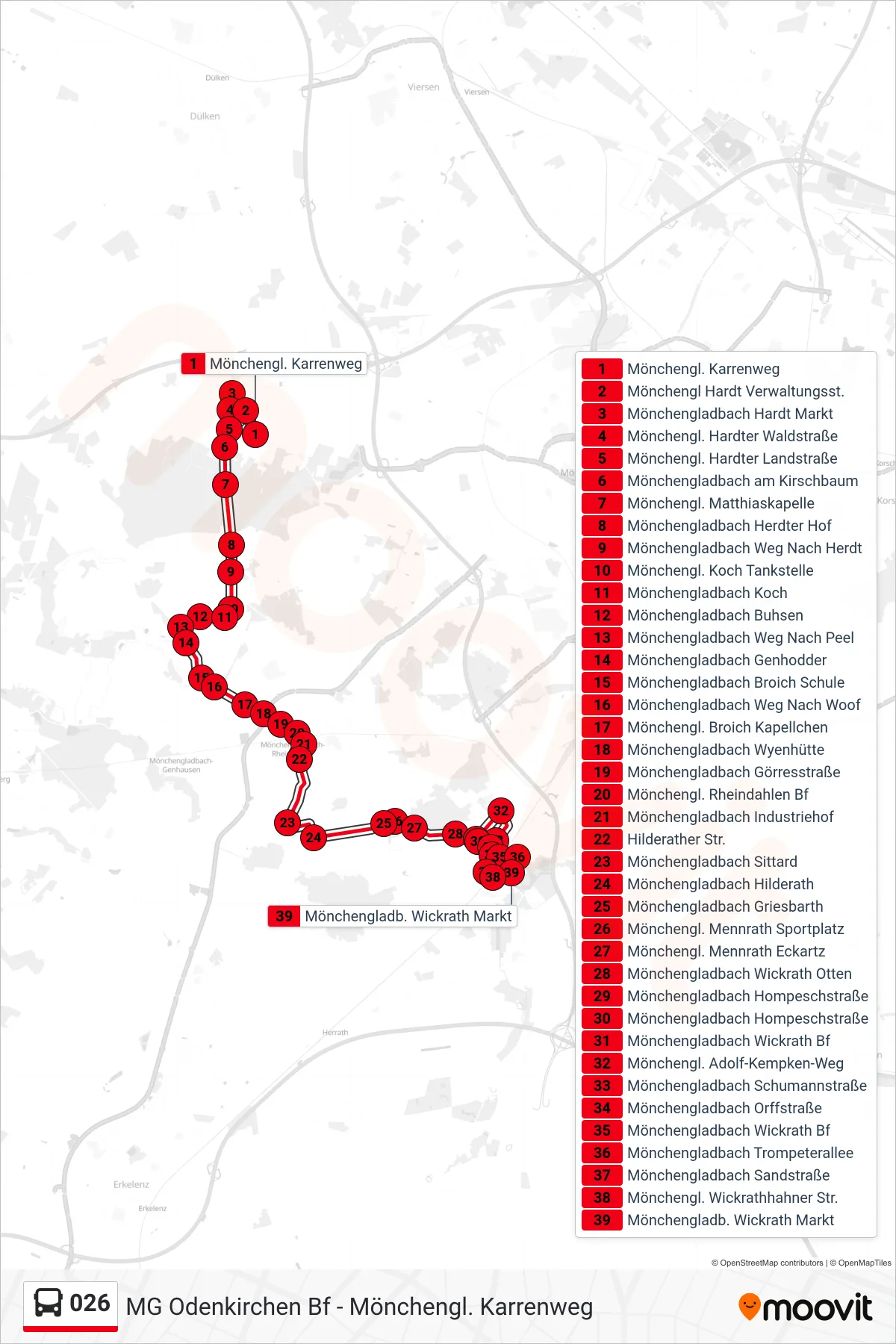 026 bus Line (Mönchengladb. Wickrath Markt) route and stops on a map