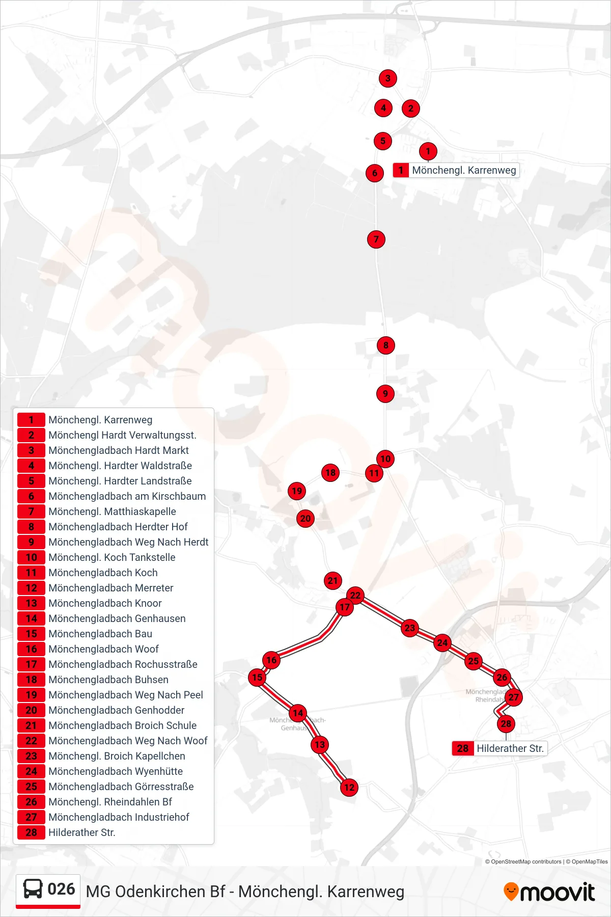 026 bus Line (Hilderather Str.) route and stops on a map