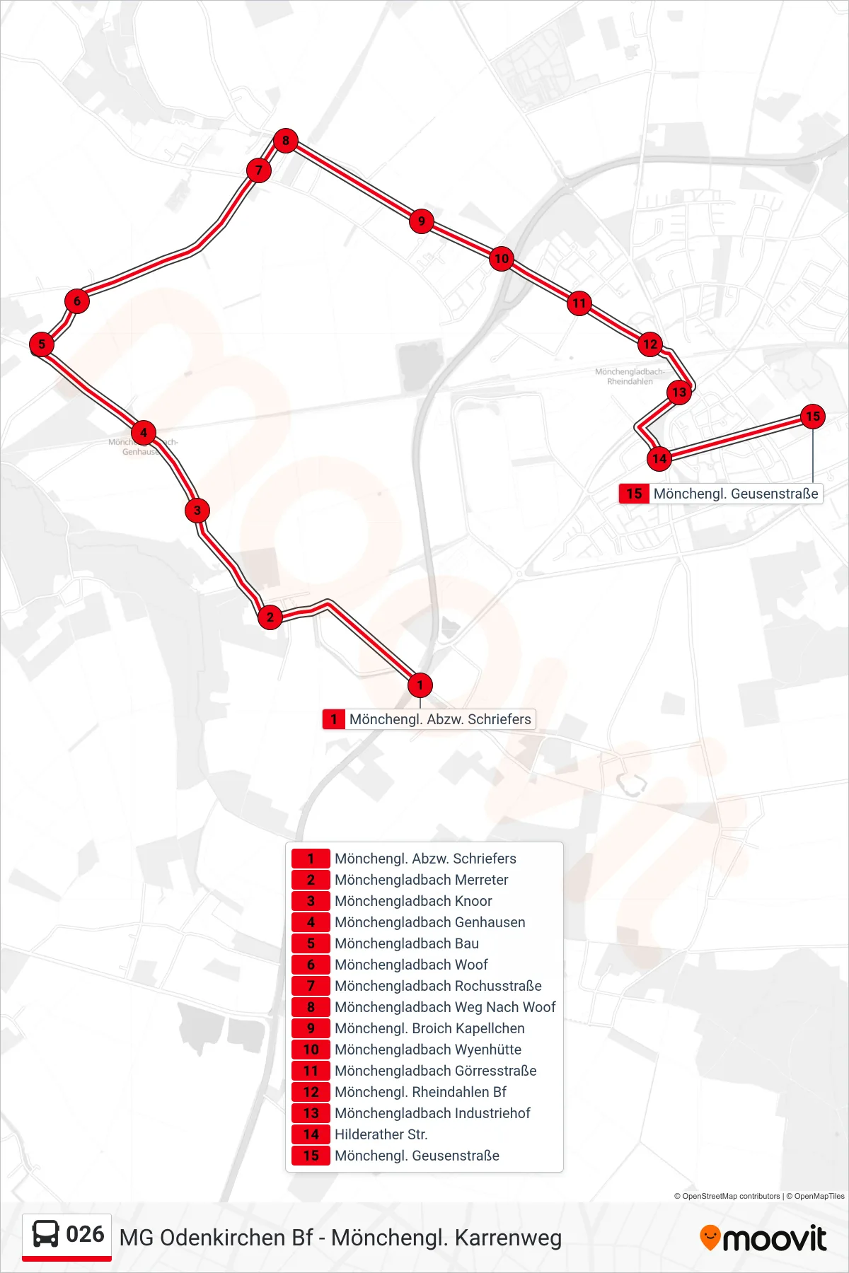 026 bus Line (Mönchengl. Geusenstraße) route and stops on a map