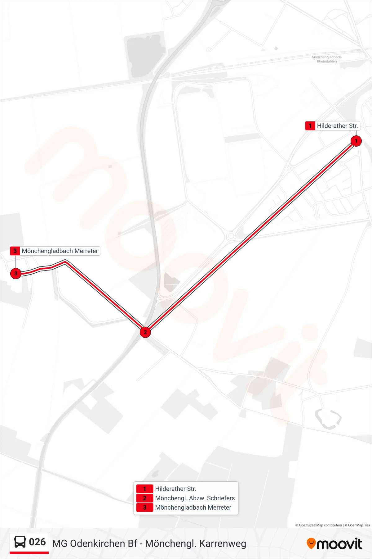 Linie 026 (Bus) Richtung Mönchengladbach Merreter: Route und Haltestellen auf der Karte