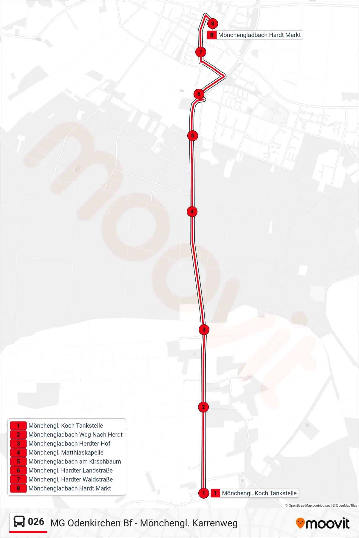 026 bus Line (Mönchengladbach Hardt Markt) route and stops on a map
