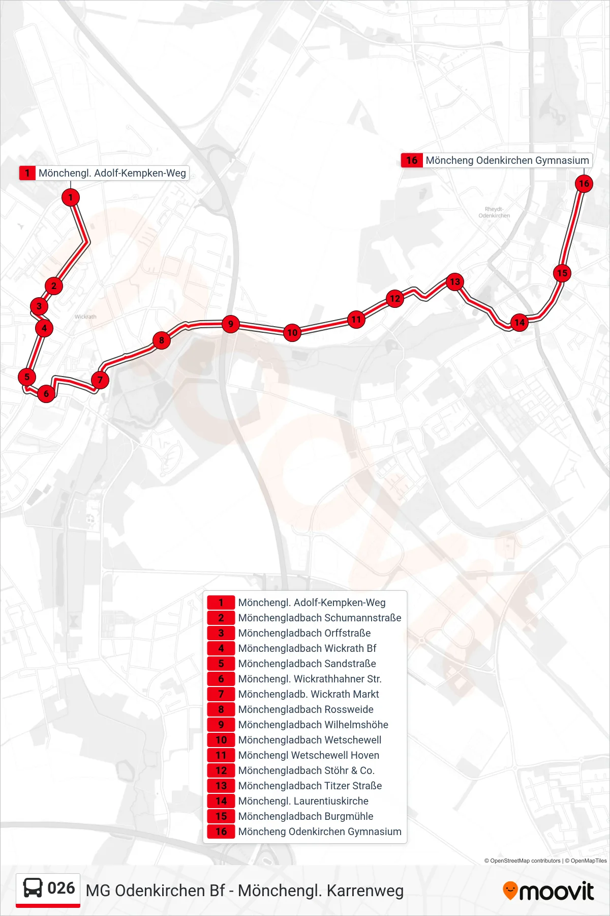 Linie 026 (Bus) Richtung Möncheng Odenkirchen Gymnasium: Route und Haltestellen auf der Karte