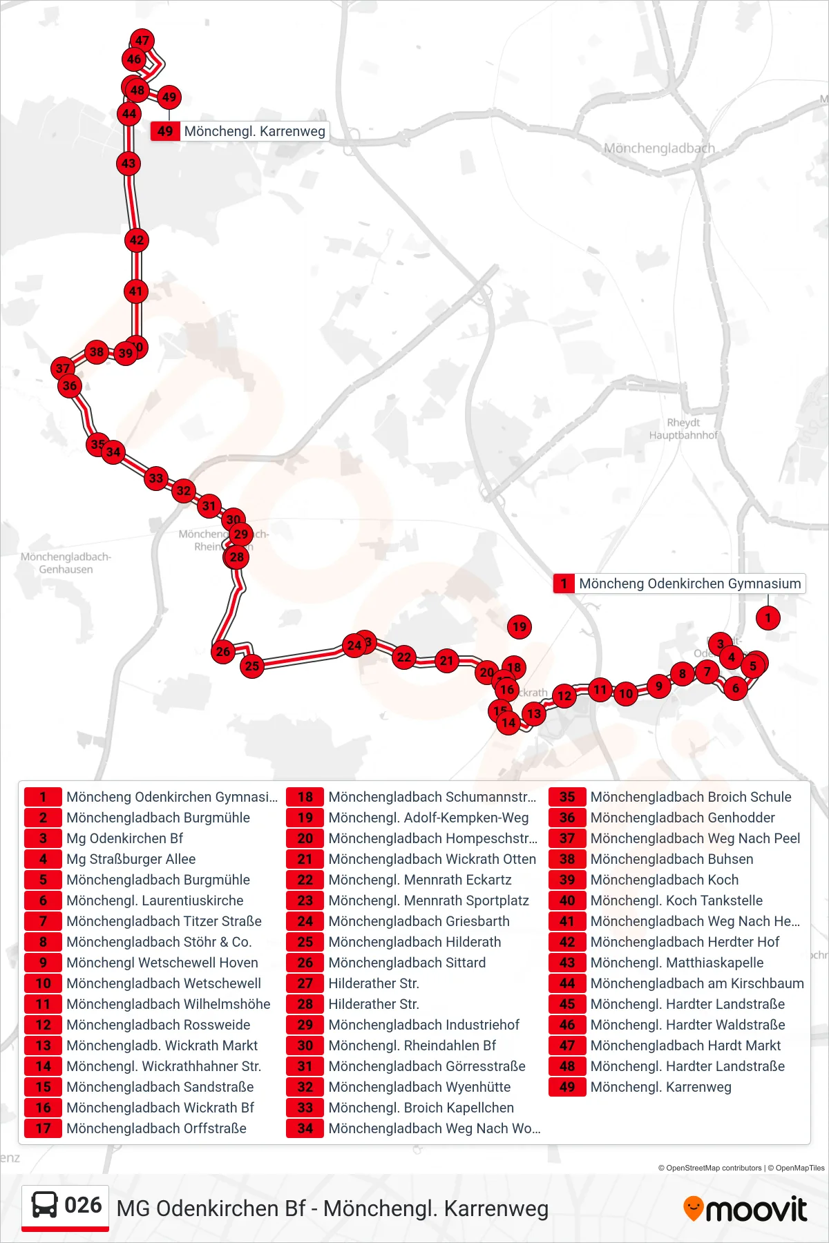 026 bus Line (Mönchengl. Karrenweg) route and stops on a map