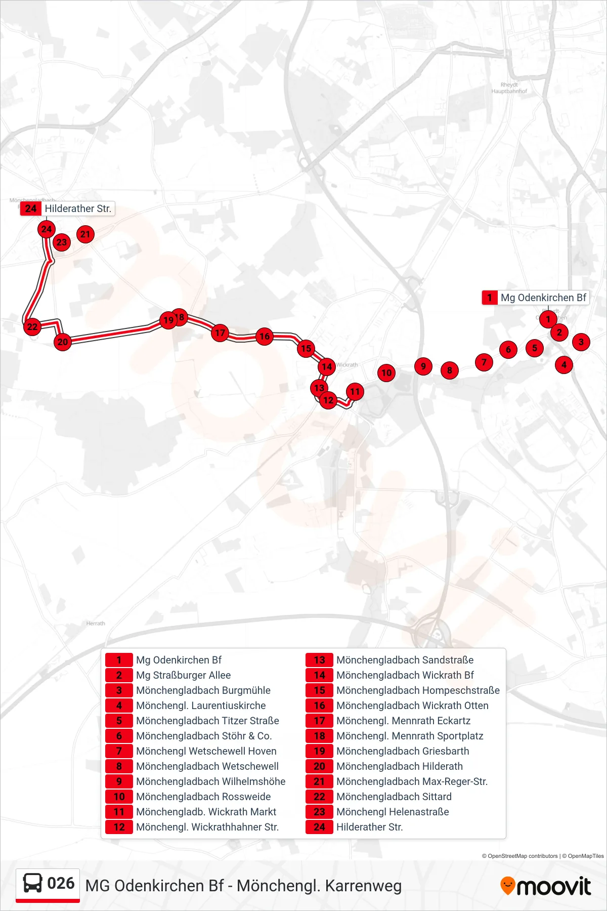 026 bus Line (Hilderather Str.) route and stops on a map