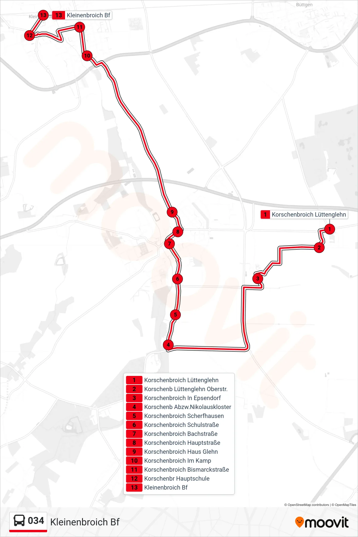 Linie 034 (Bus) Richtung Kleinenbroich Bf: Route und Haltestellen auf der Karte