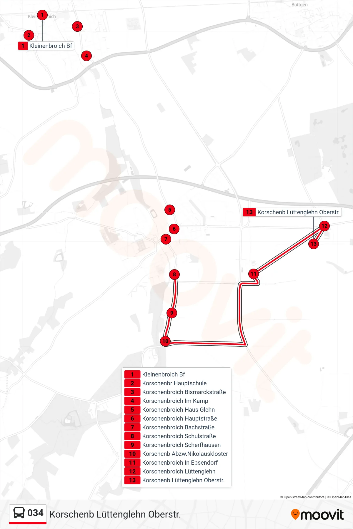 Linie 034 (Bus) Richtung Korschenb Lüttenglehn Oberstr.: Route und Haltestellen auf der Karte