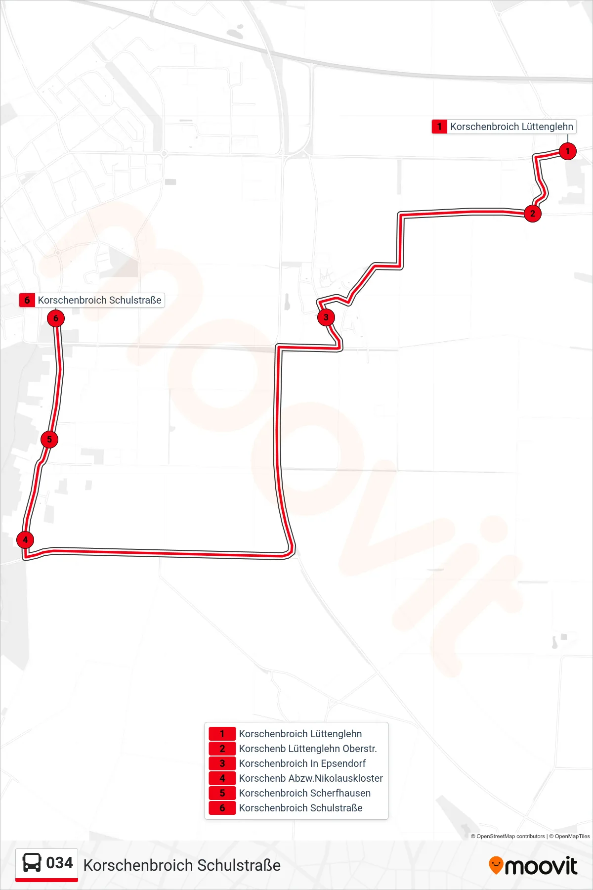 Linie 034 (Bus) Richtung Korschenbroich Schulstraße: Route und Haltestellen auf der Karte