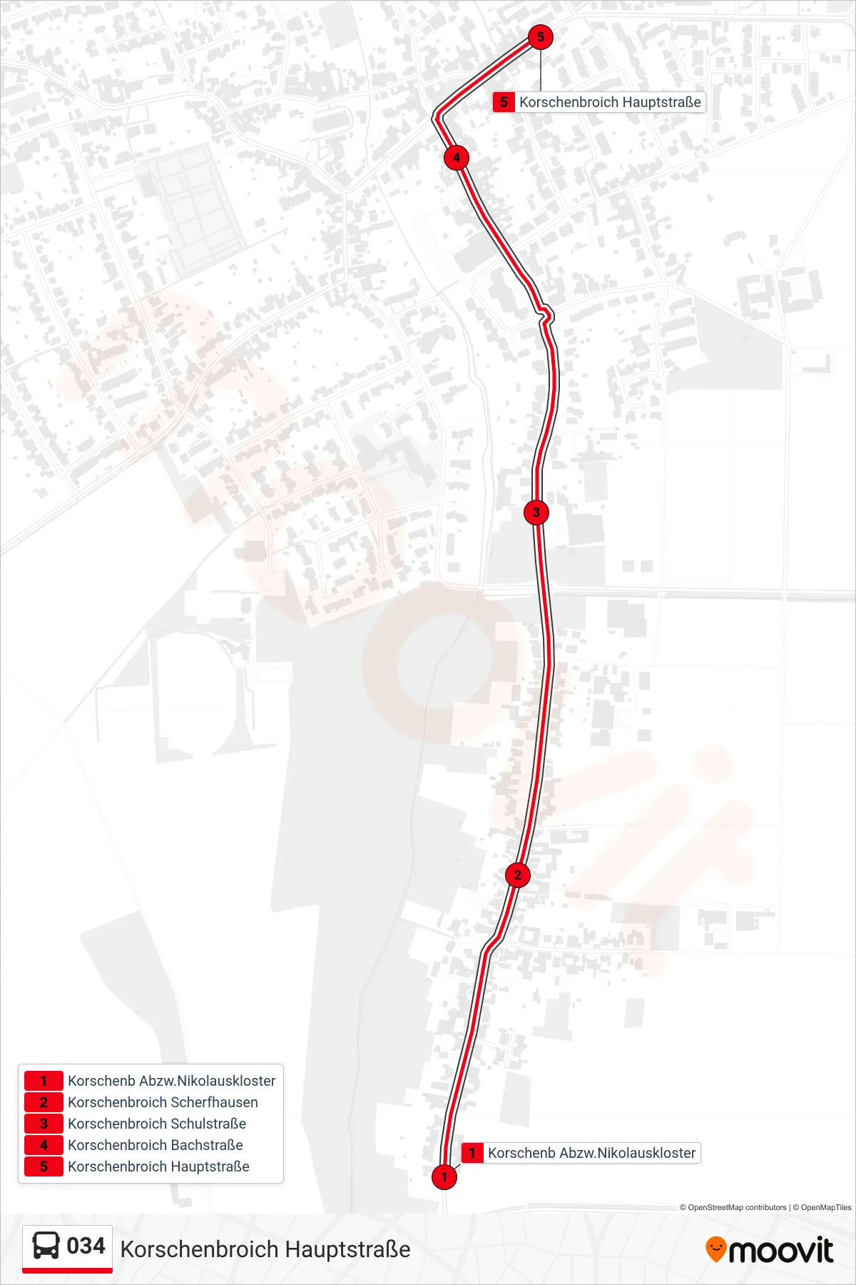Linie 034 (Bus) Richtung Korschenbroich Hauptstraße: Route und Haltestellen auf der Karte
