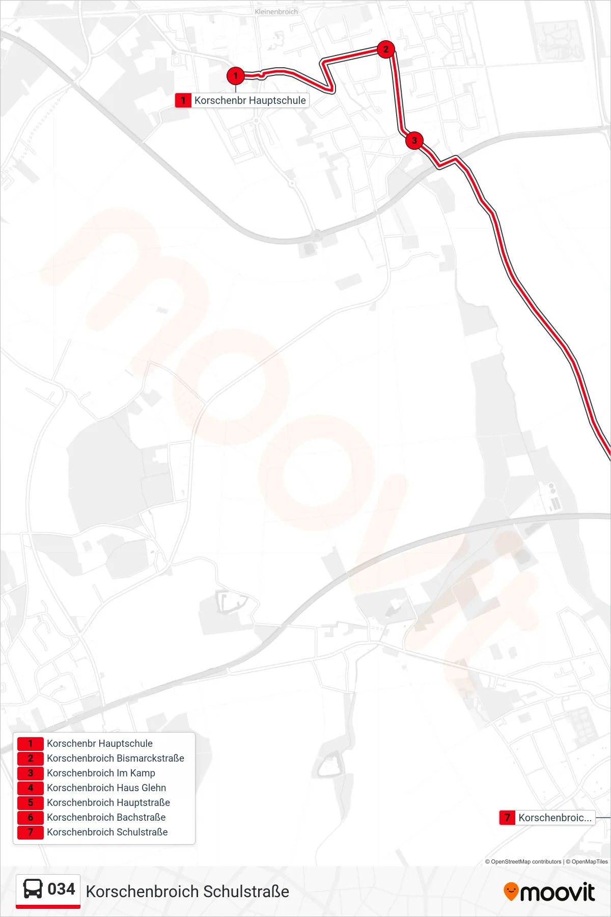 034 bus Line (Korschenbroich Schulstraße) route and stops on a map