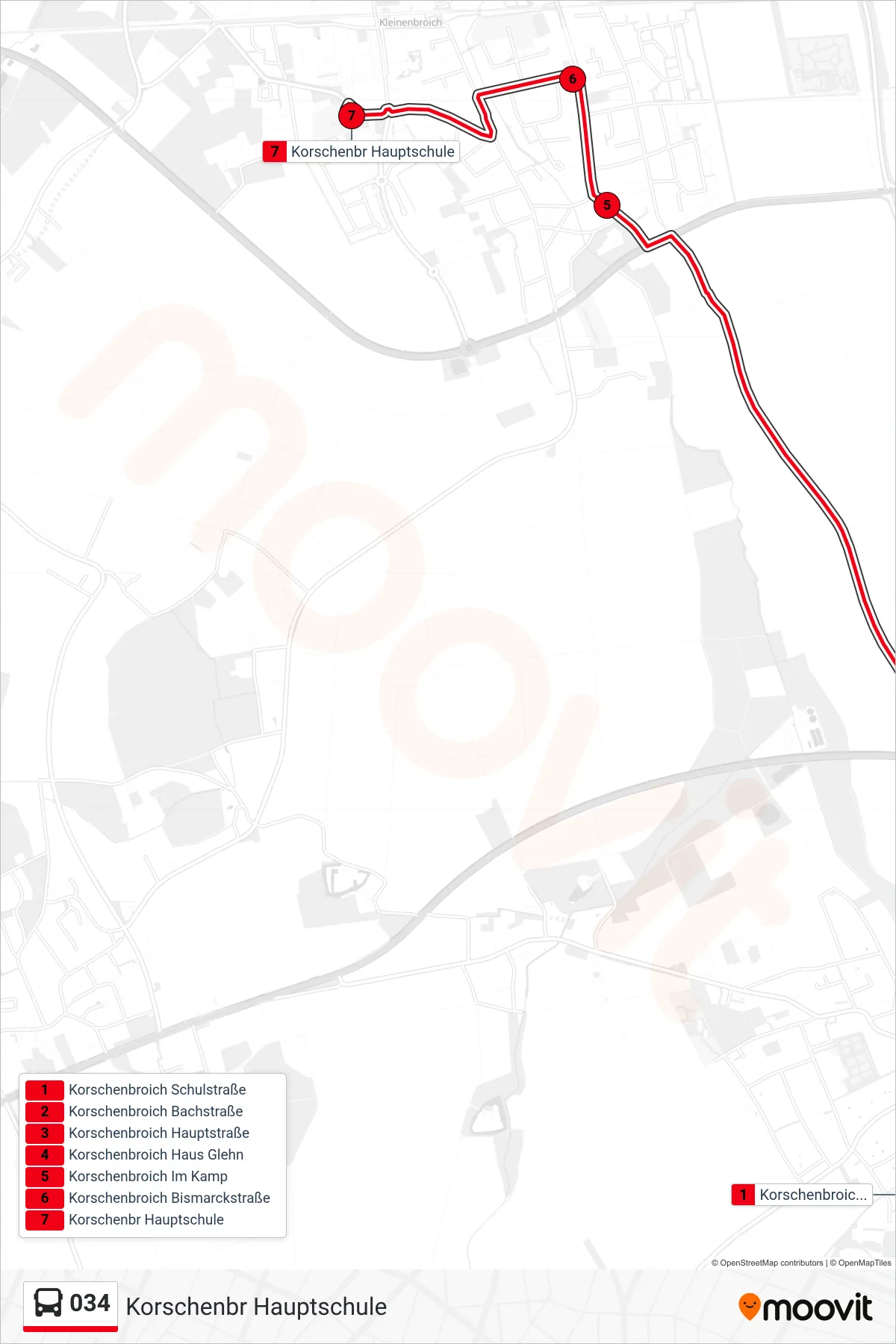 Linie 034 (Bus) Richtung Korschenbr Hauptschule: Route und Haltestellen auf der Karte