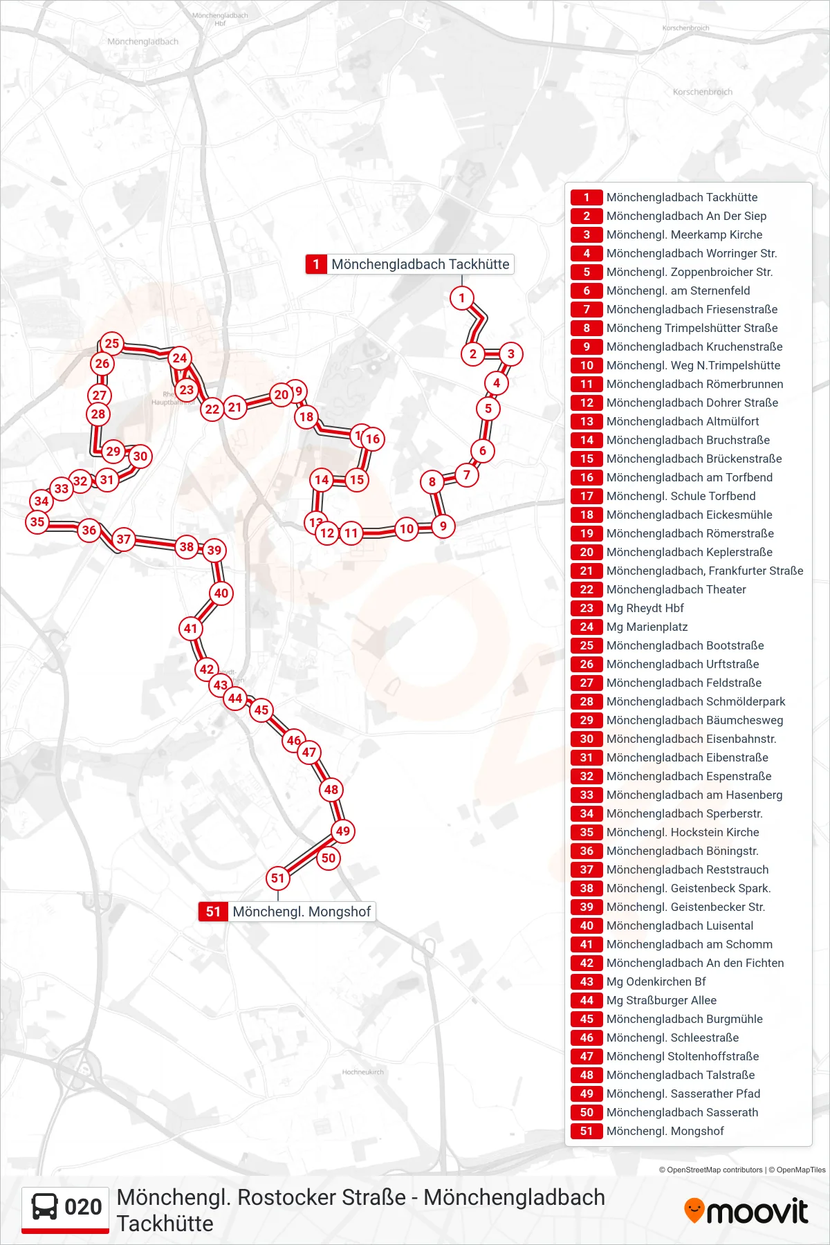 Linie 020 (Bus) Richtung Mönchengl. Mongshof: Route und Haltestellen auf der Karte