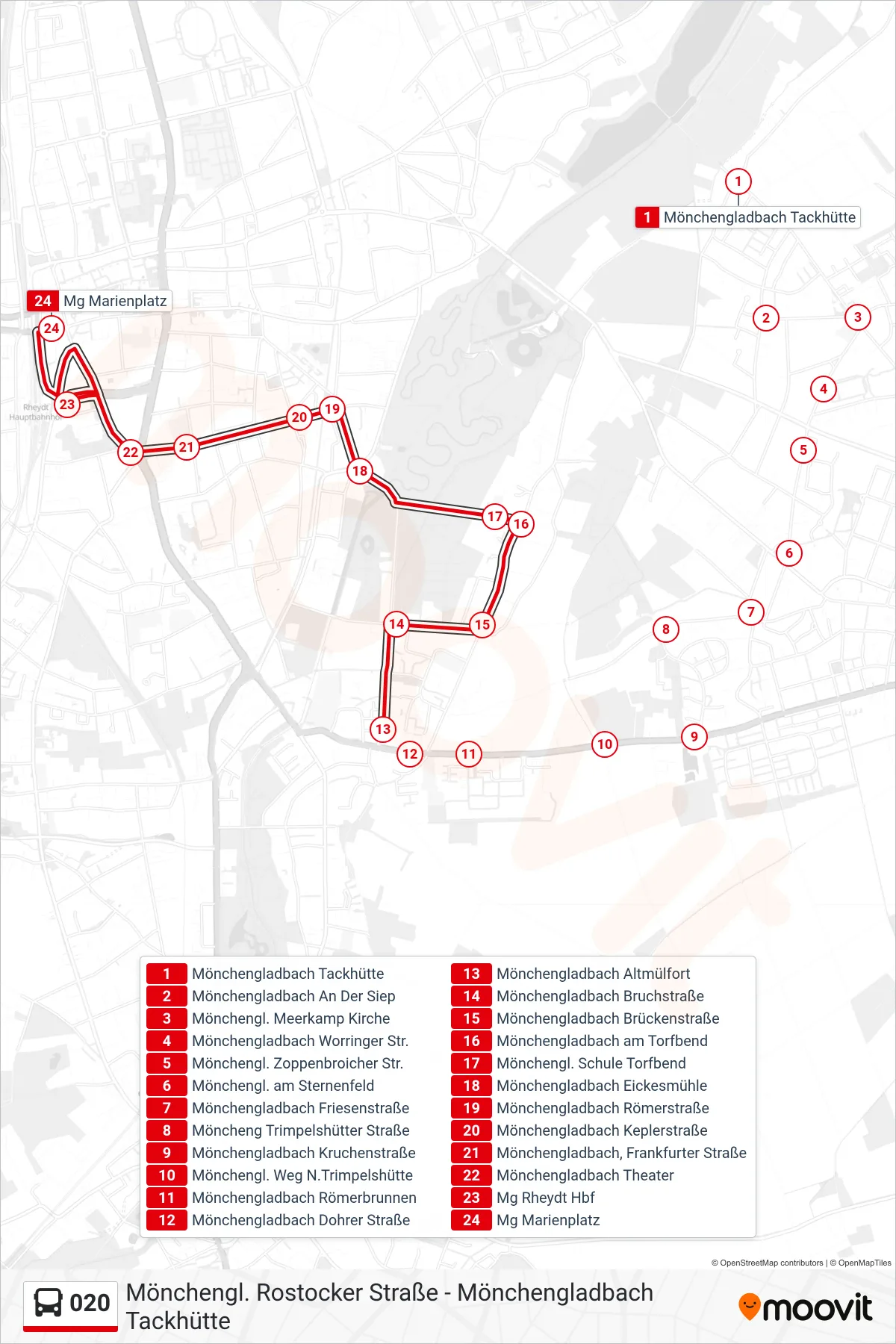 020 bus Line (Mg Marienplatz) route and stops on a map