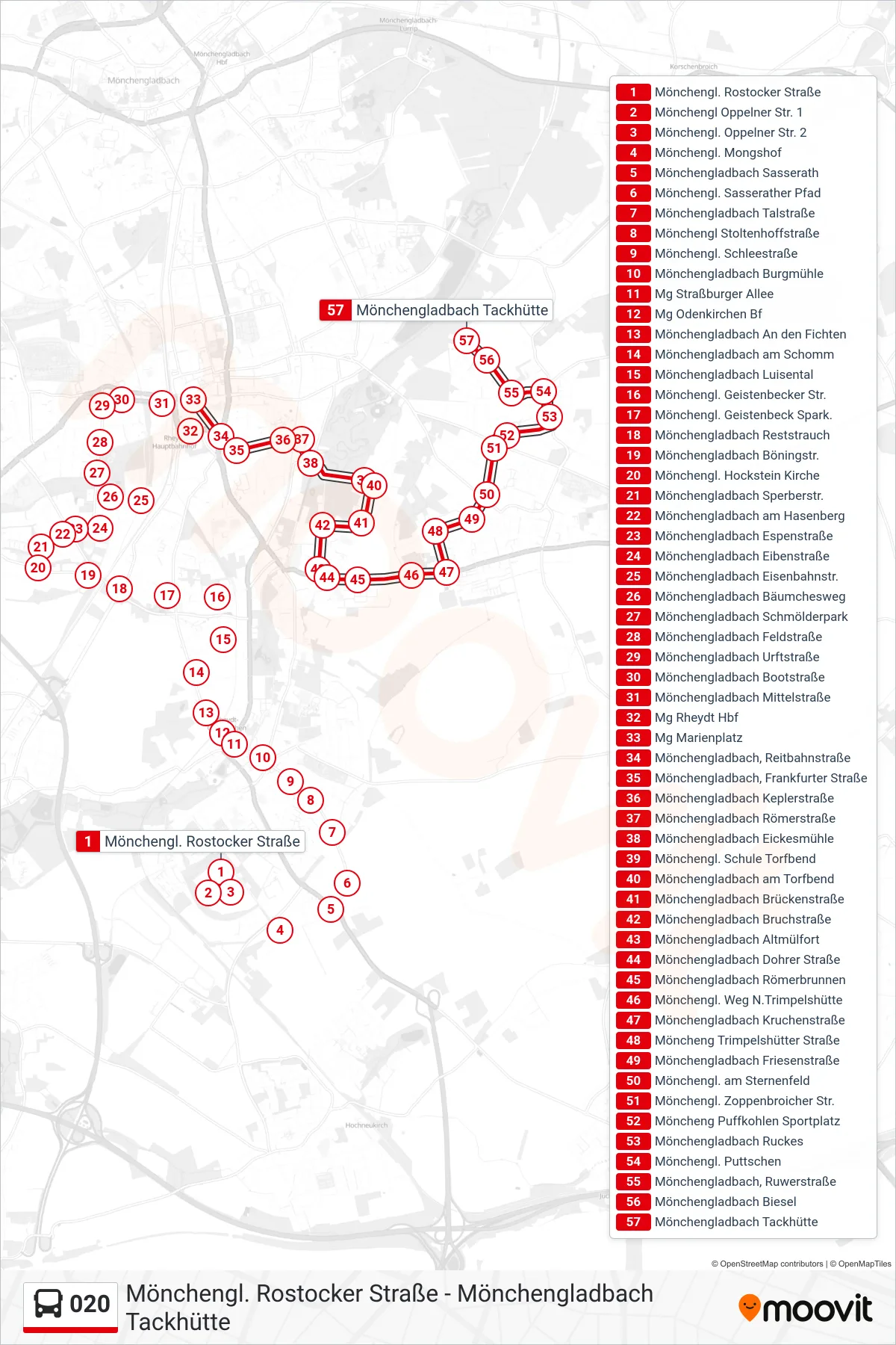 020 bus Line (Mönchengladbach Tackhütte) route and stops on a map
