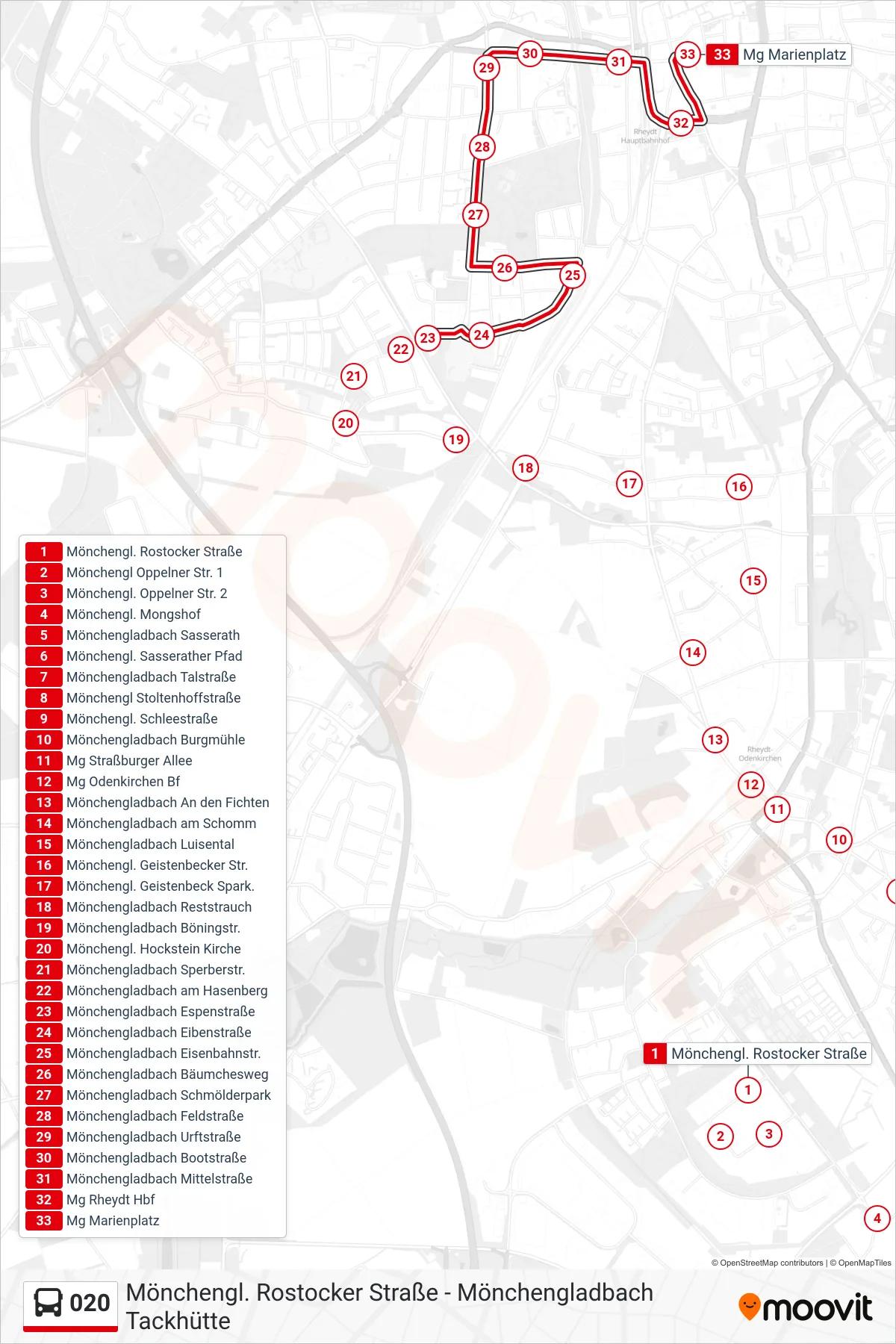 020 bus Line (Mg Marienplatz) route and stops on a map