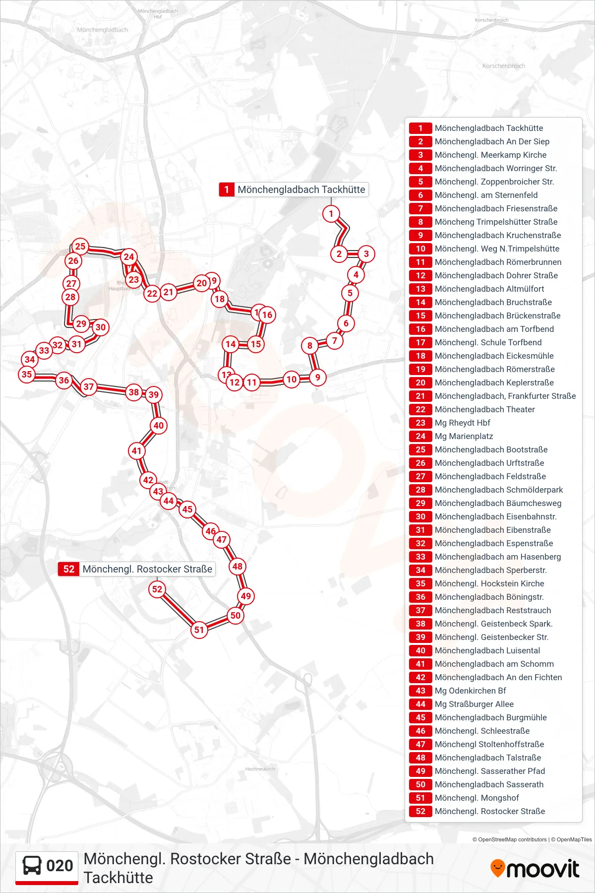 020 bus Line (Mönchengl. Rostocker Straße) route and stops on a map