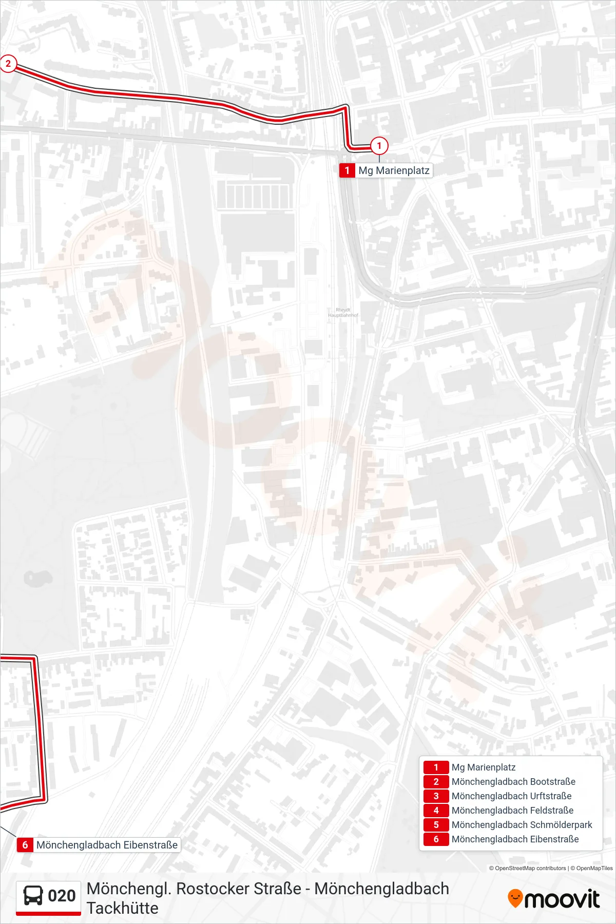 020 bus Line (Mönchengladbach Eibenstraße) route and stops on a map