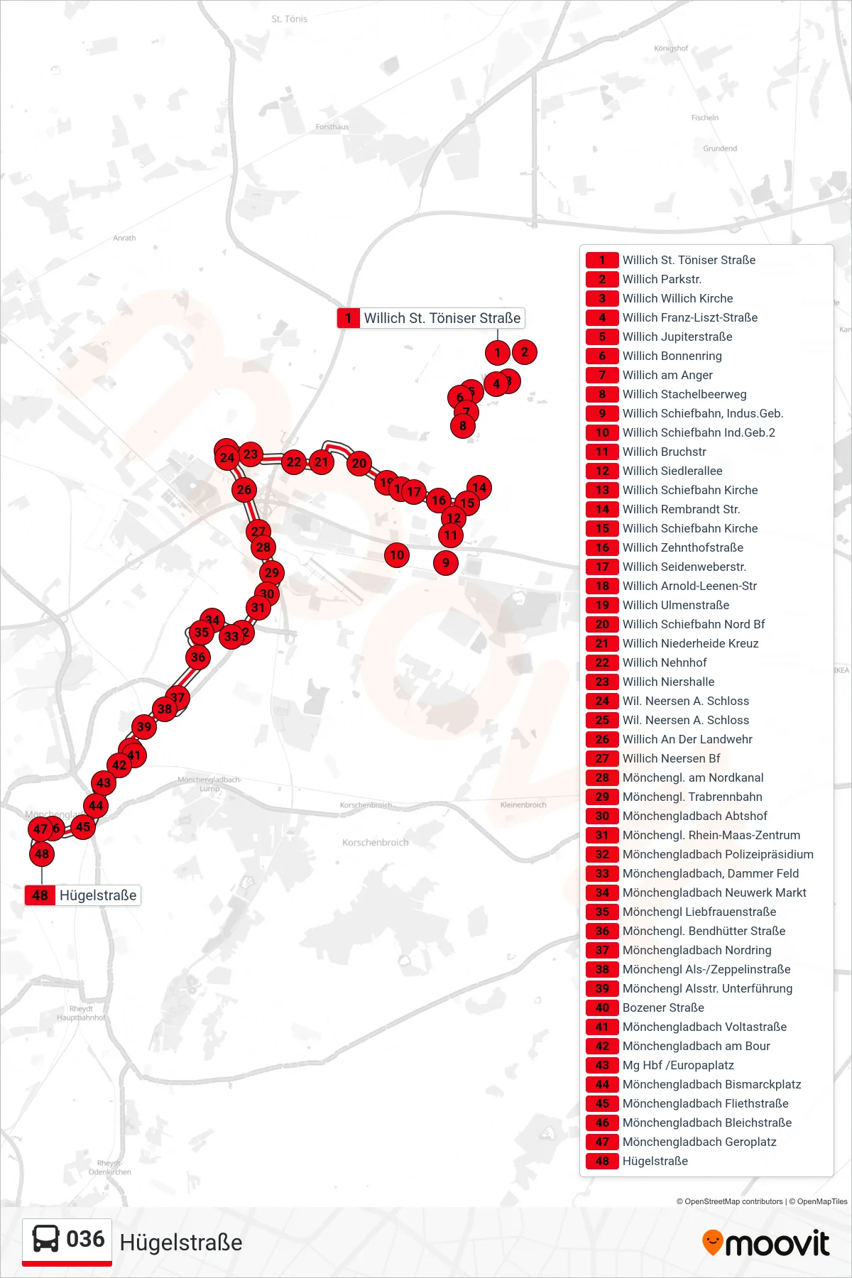 Linie 036 (Bus) Richtung Hügelstraße: Route und Haltestellen auf der Karte