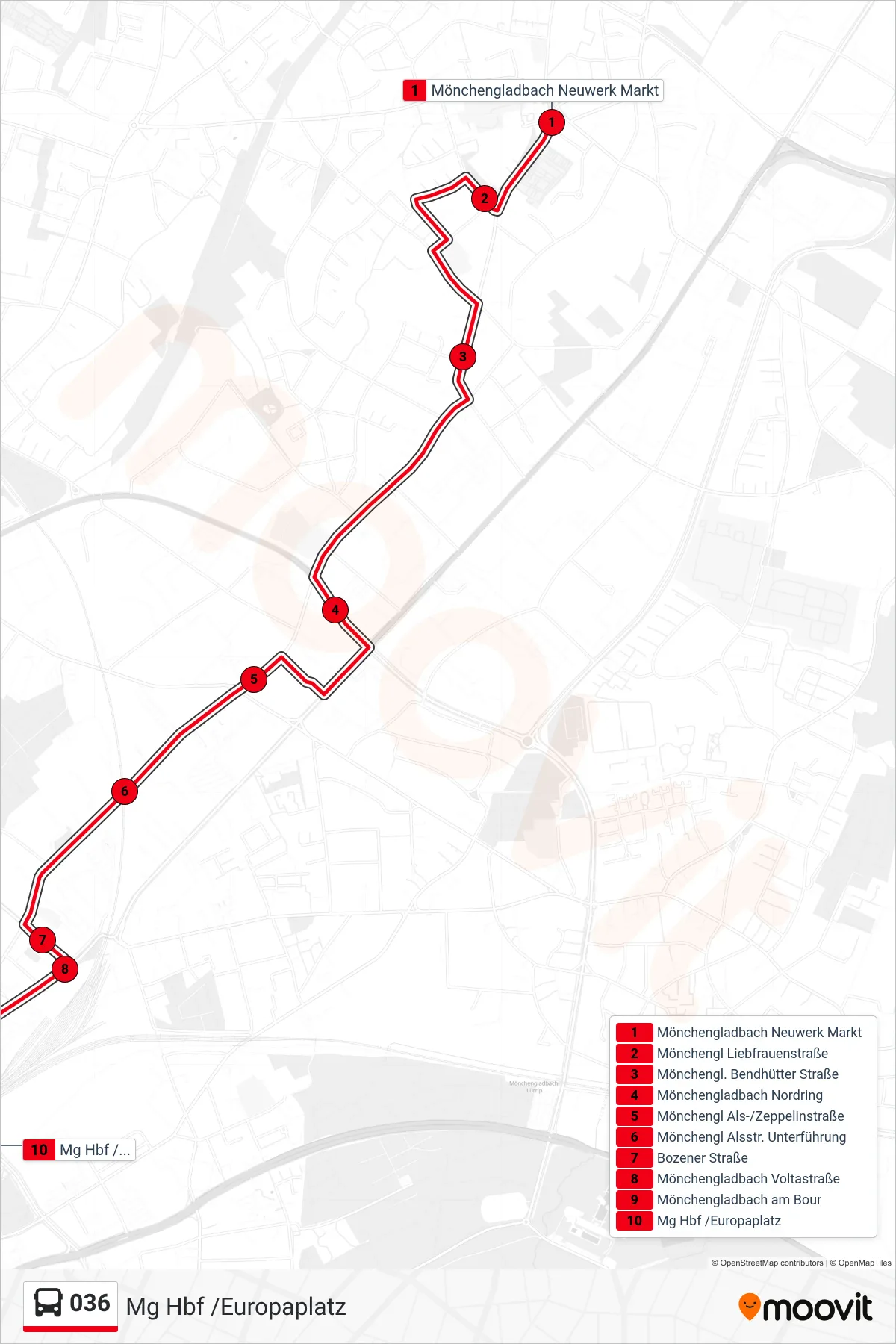 036 bus Line (Mg Hbf /Europaplatz) route and stops on a map
