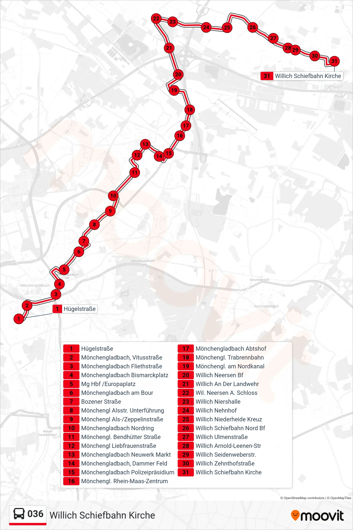 036 bus Line (Willich Schiefbahn Kirche) route and stops on a map