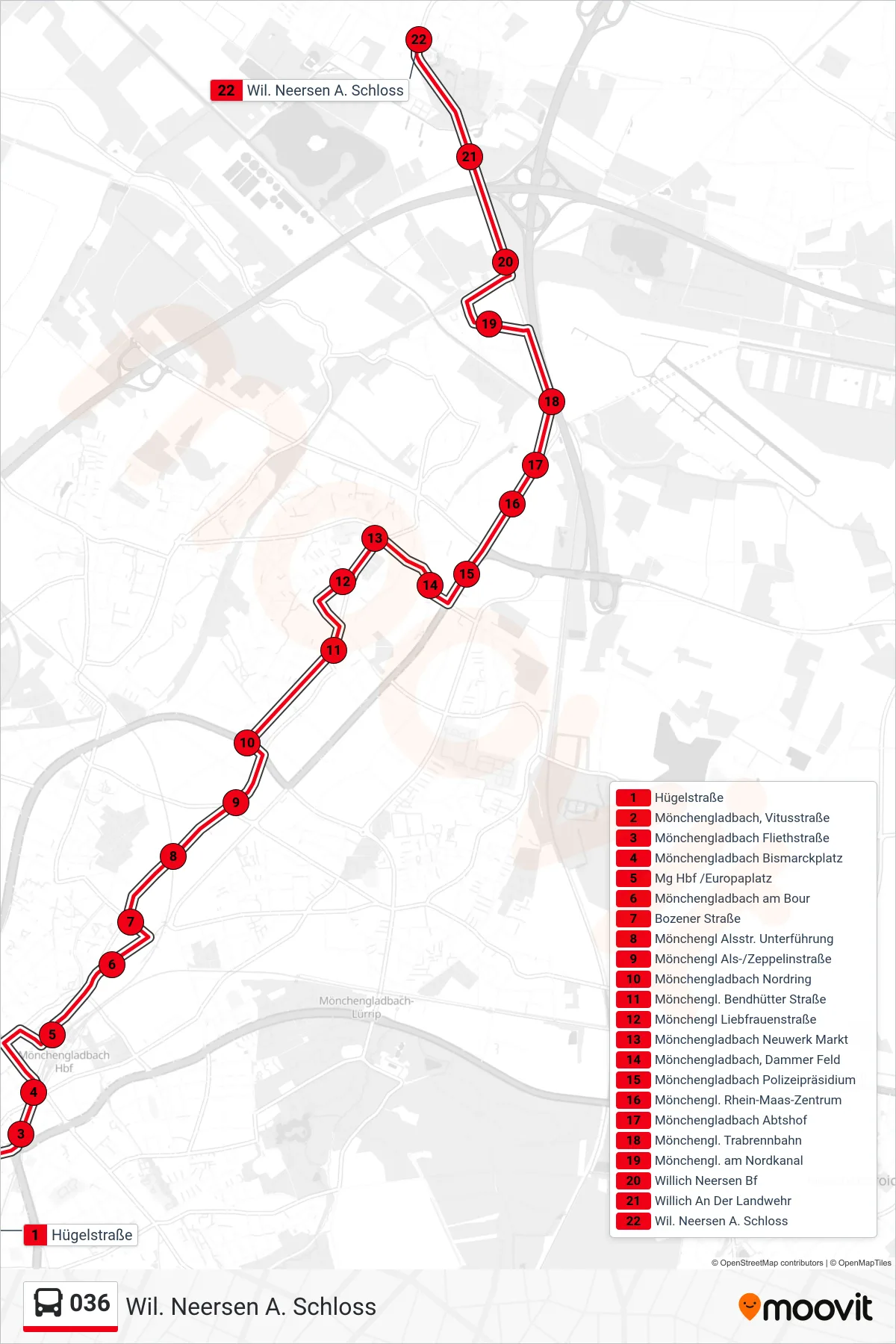 036 bus Line (Wil. Neersen A. Schloss) route and stops on a map