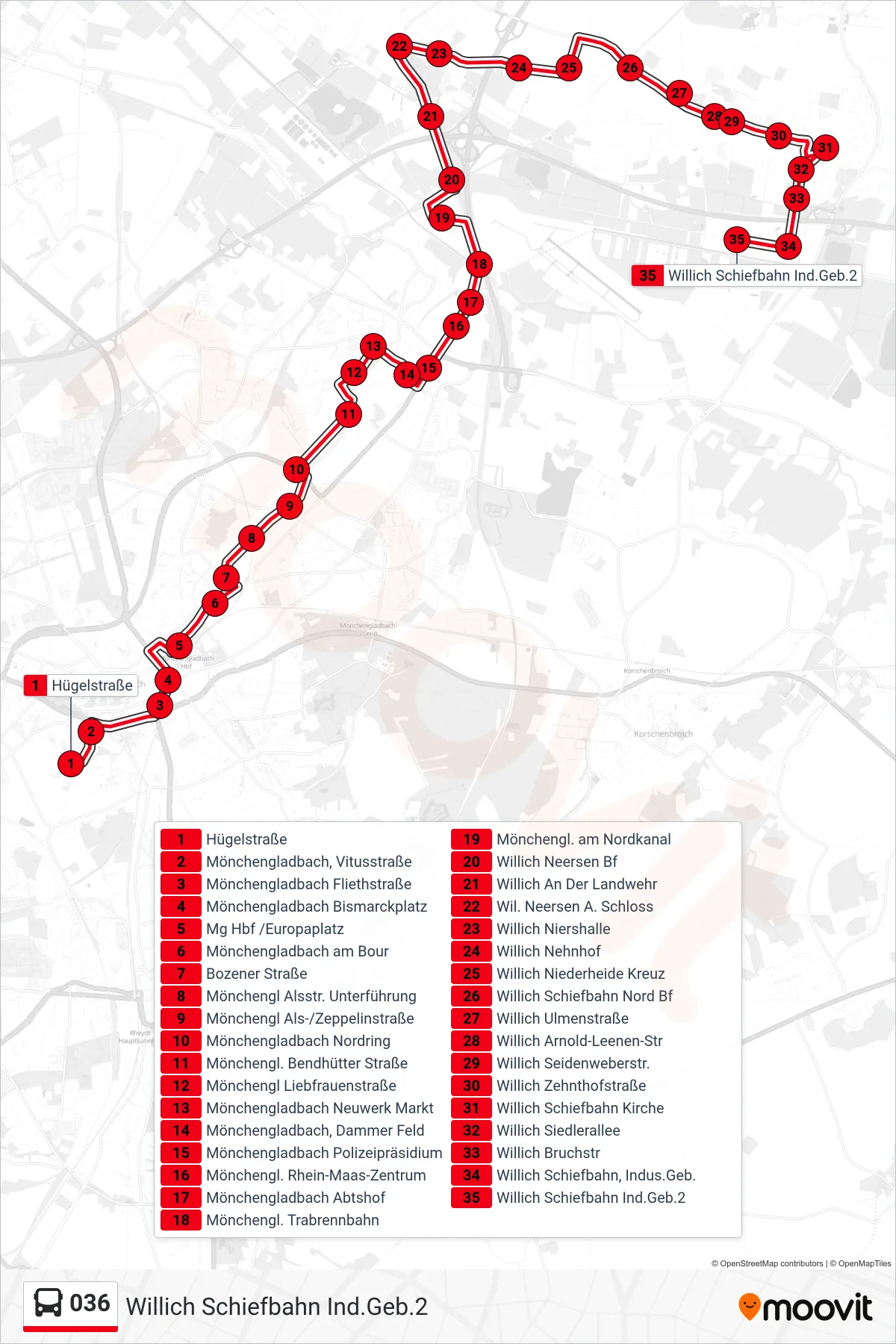036 bus Line (Willich Schiefbahn Ind.Geb.2) route and stops on a map