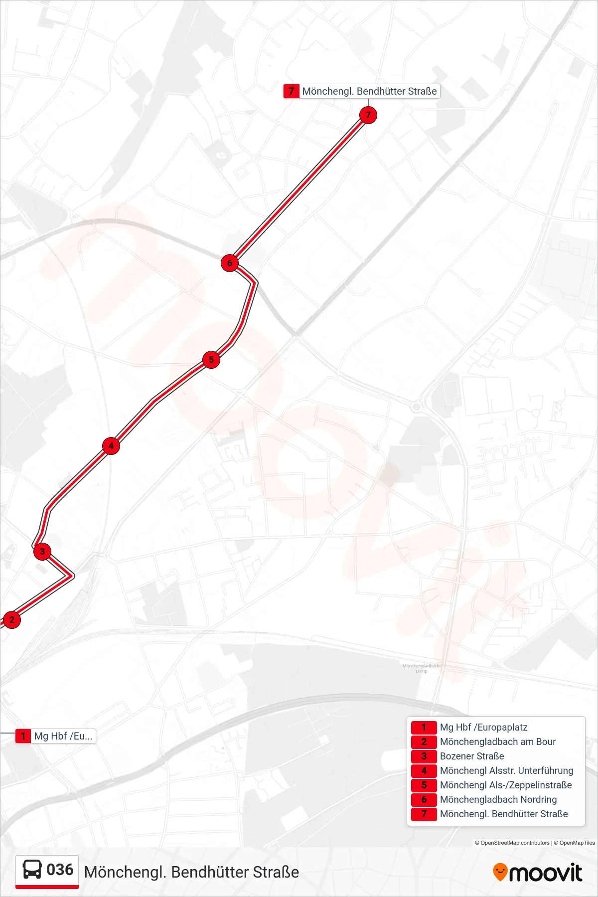 Linie 036 (Bus) Richtung Mönchengl. Bendhütter Straße: Route und Haltestellen auf der Karte