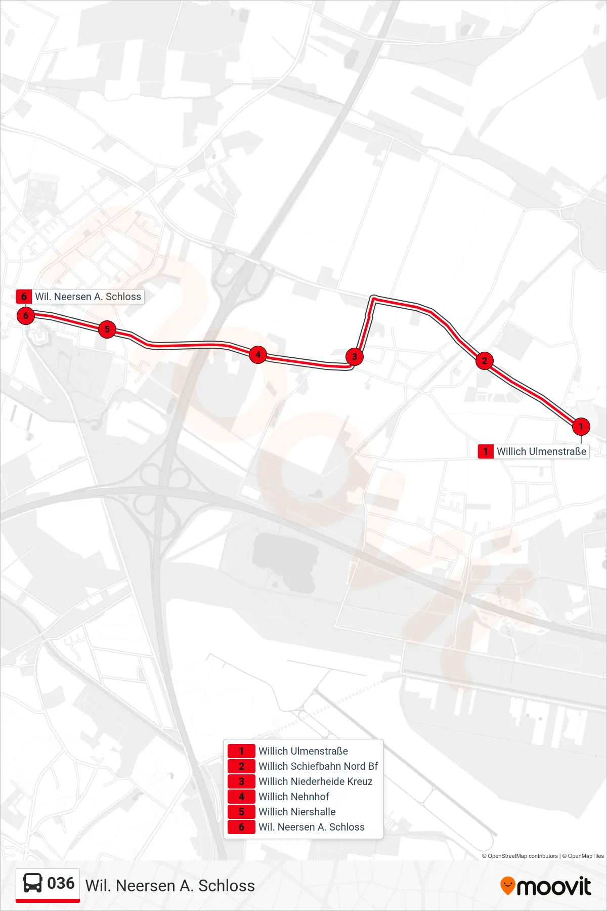 036 bus Line (Wil. Neersen A. Schloss) route and stops on a map