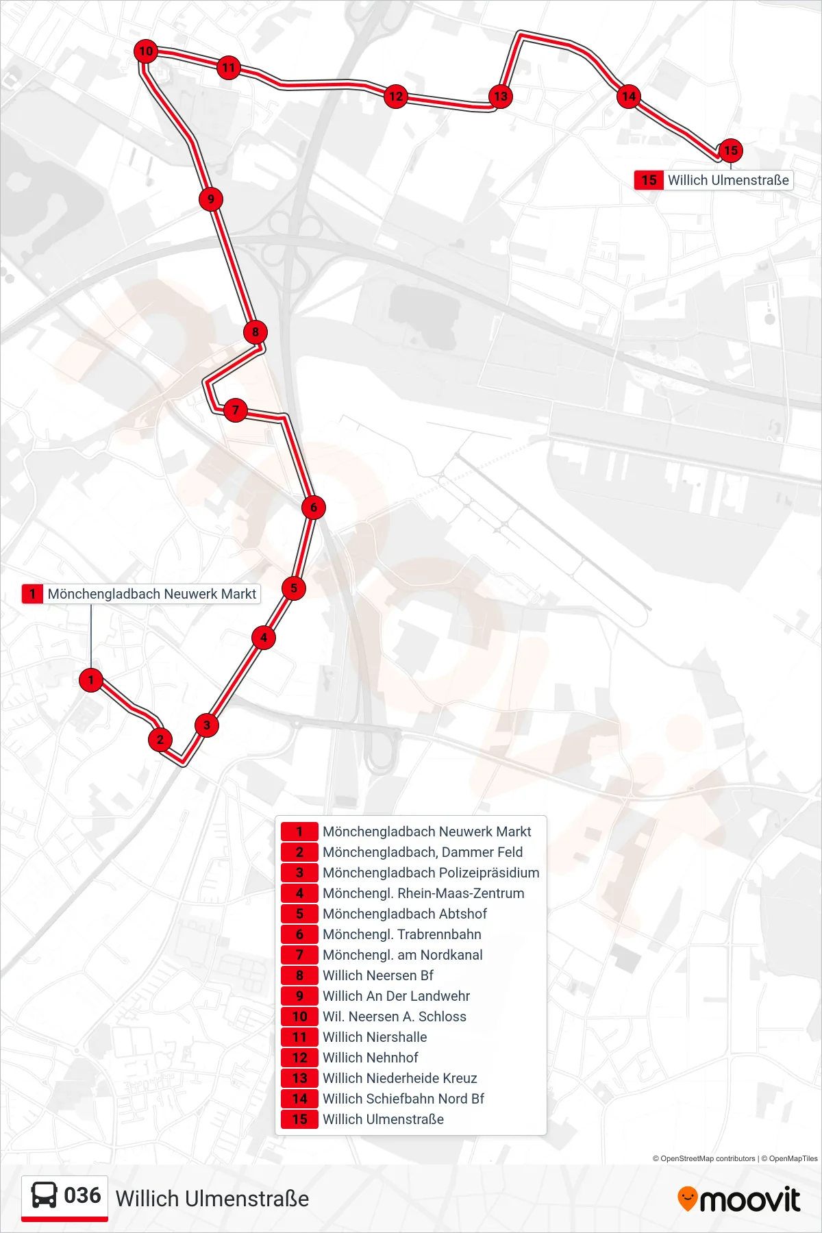 036 bus Line (Willich Ulmenstraße) route and stops on a map