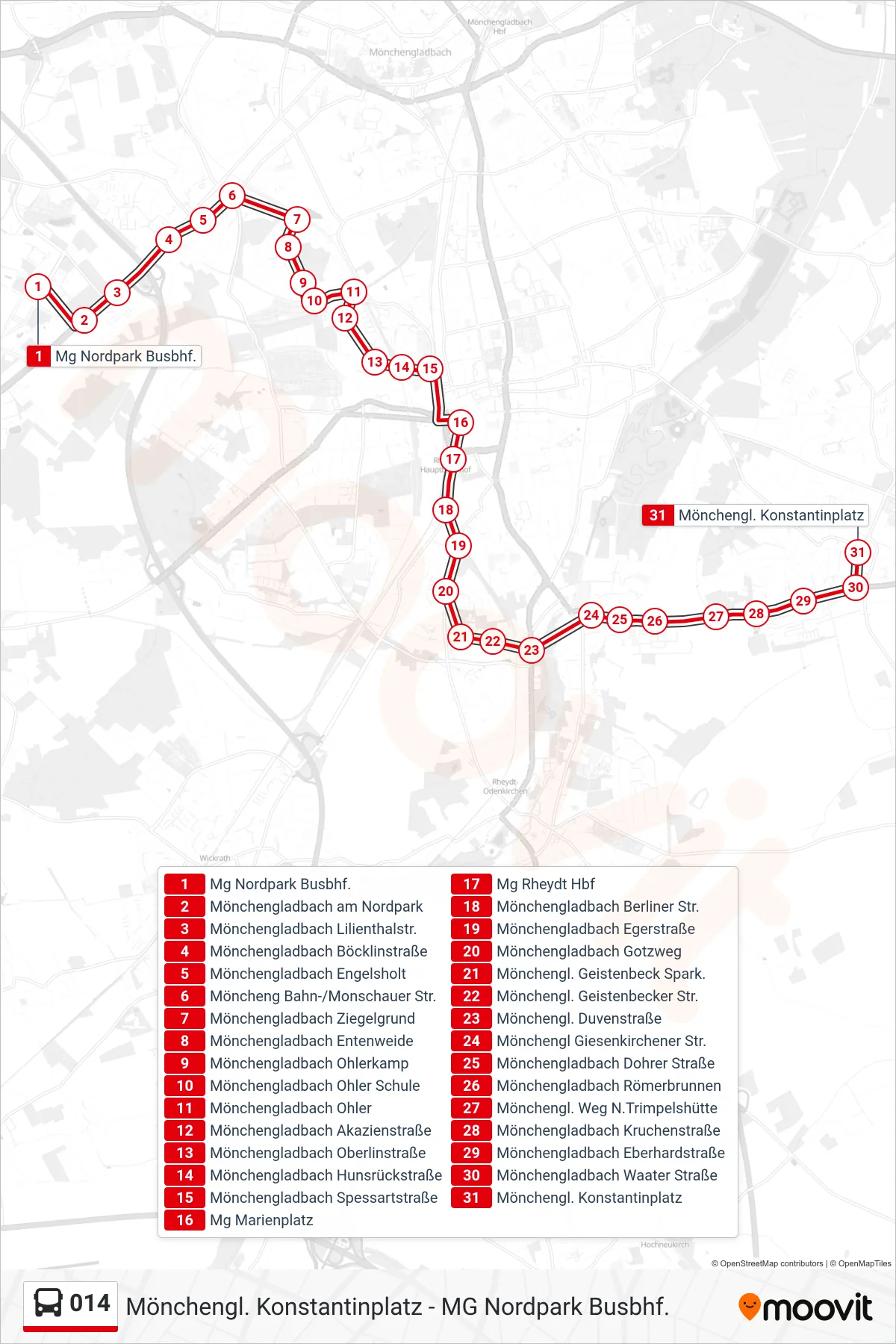 Linie 014 (Bus) Richtung Mönchengl. Konstantinplatz: Route und Haltestellen auf der Karte