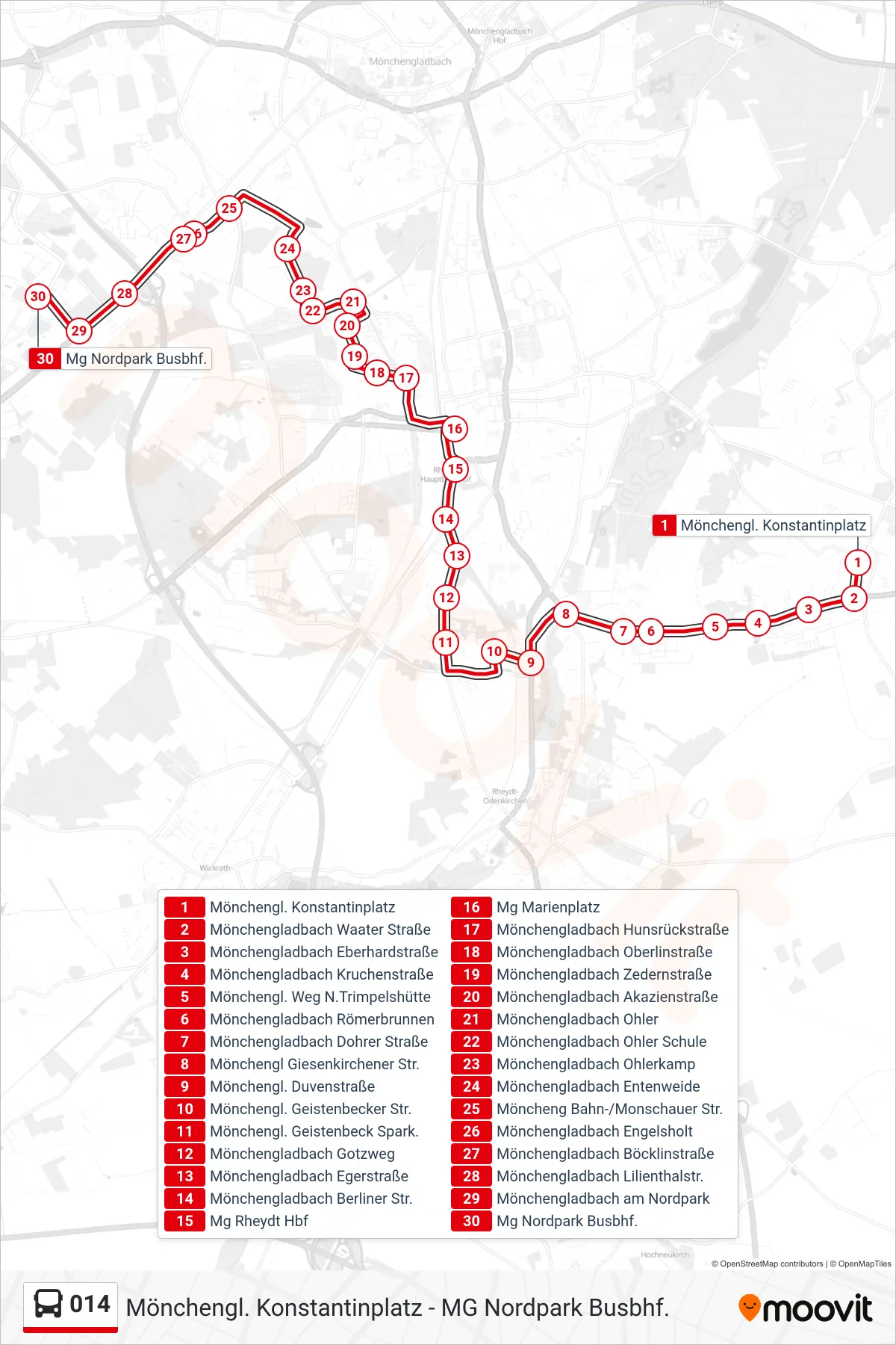 014 bus Line (Mg Nordpark Busbhf.) route and stops on a map