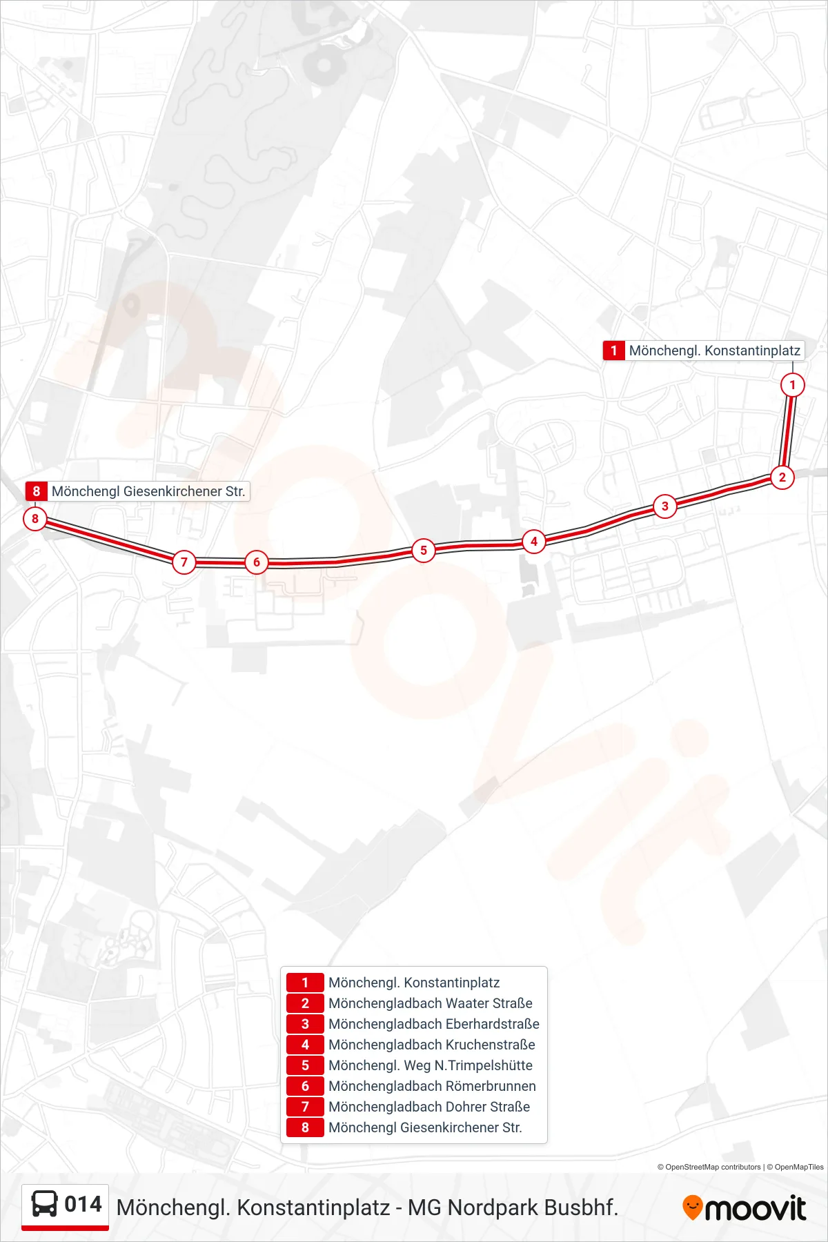 Linie 014 (Bus) Richtung Mönchengl Giesenkirchener Str.: Route und Haltestellen auf der Karte