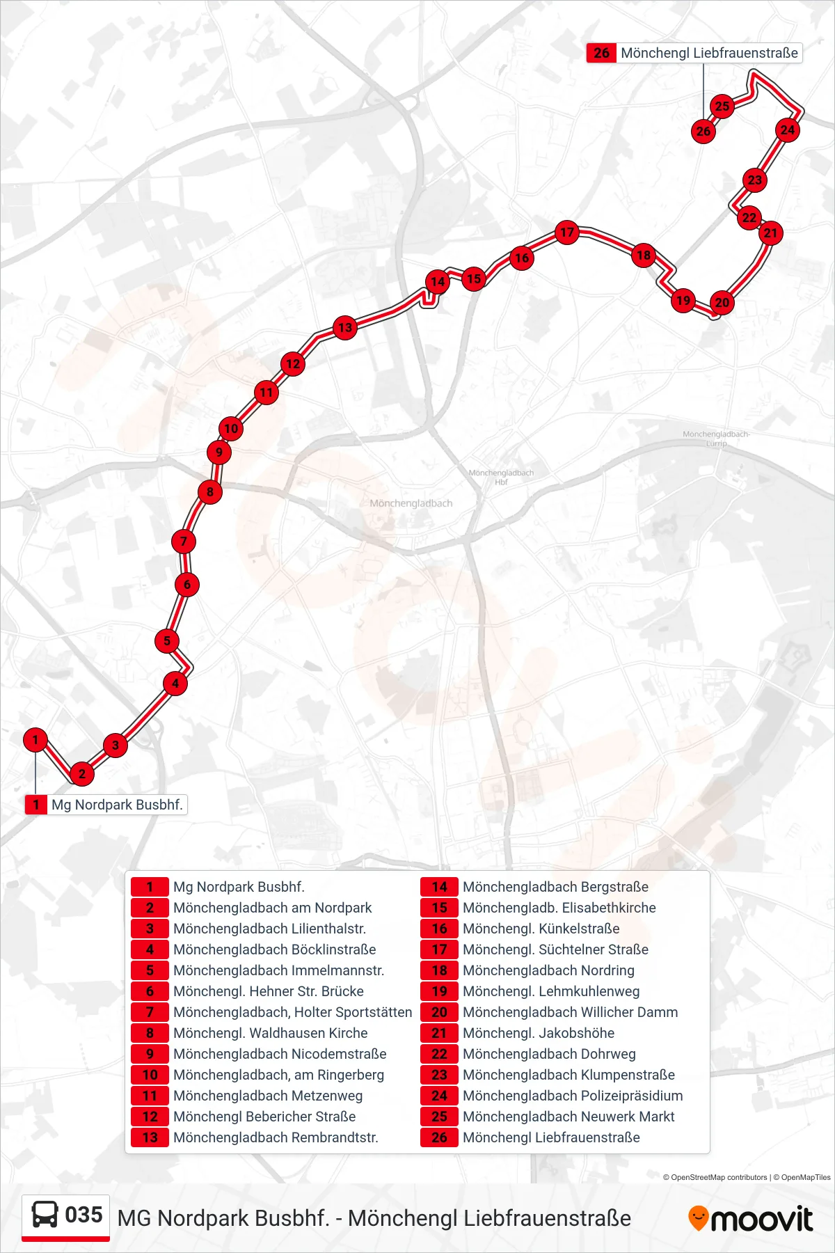 035 bus Line (Mönchengl Liebfrauenstraße) route and stops on a map
