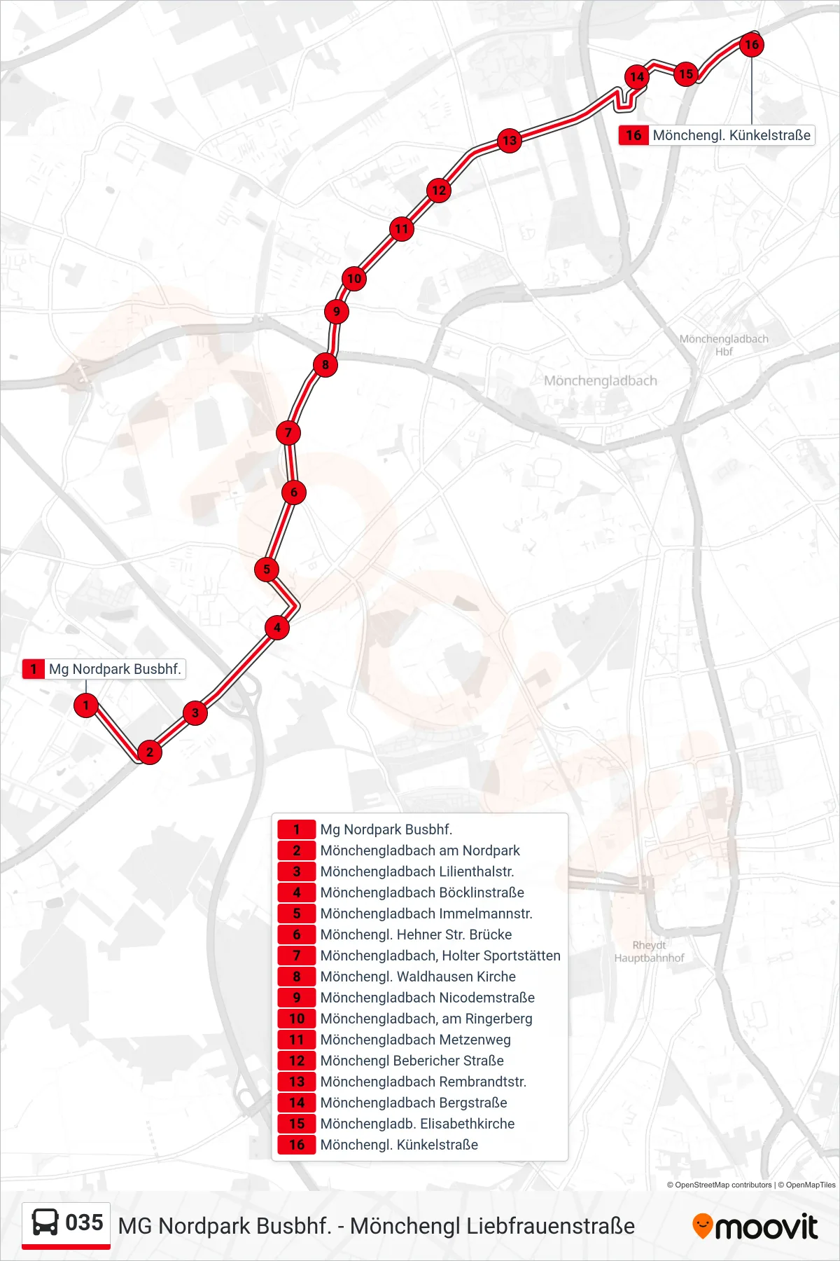 Linie 035 (Bus) Richtung Mönchengl. Künkelstraße: Route und Haltestellen auf der Karte