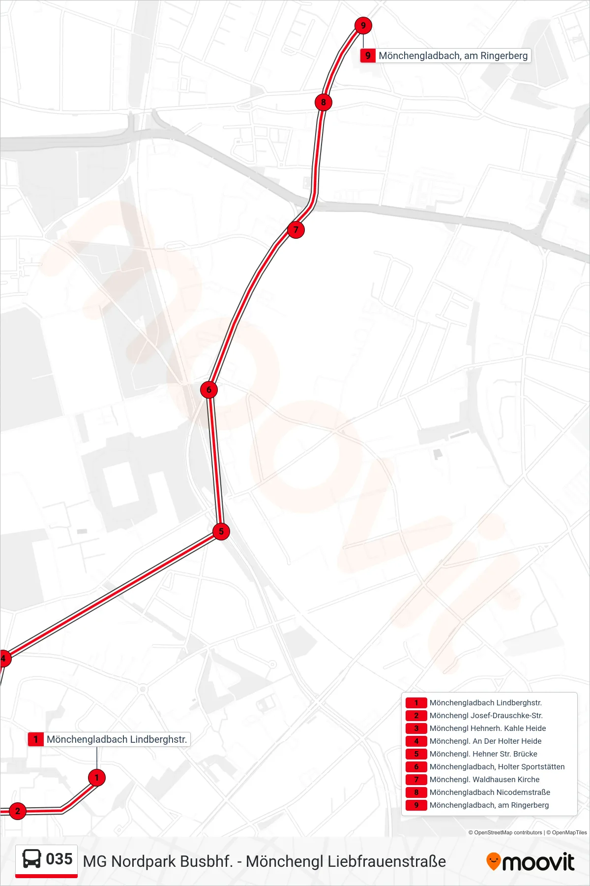 035 bus Line (Mönchengladbach, am Ringerberg) route and stops on a map