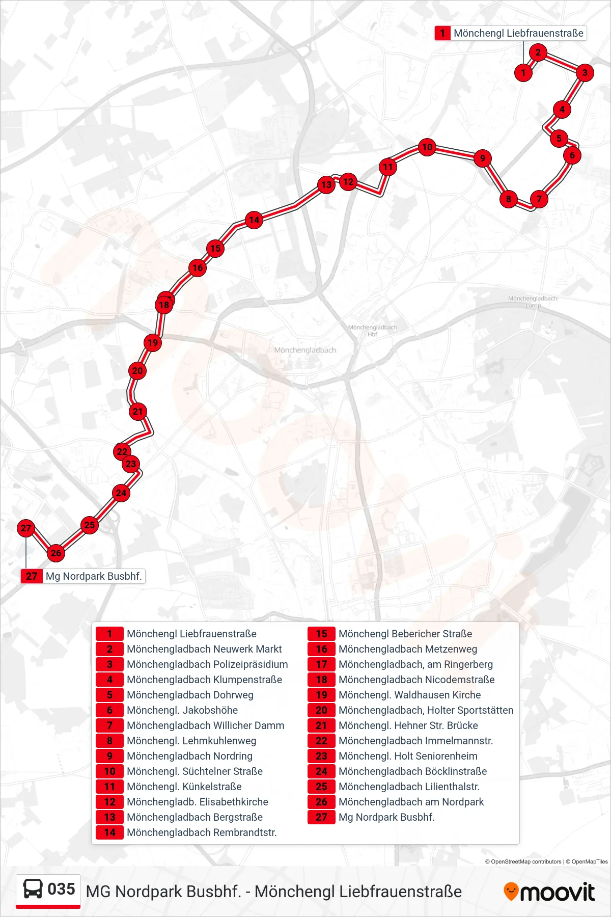 035 bus Line (Mg Nordpark Busbhf.) route and stops on a map