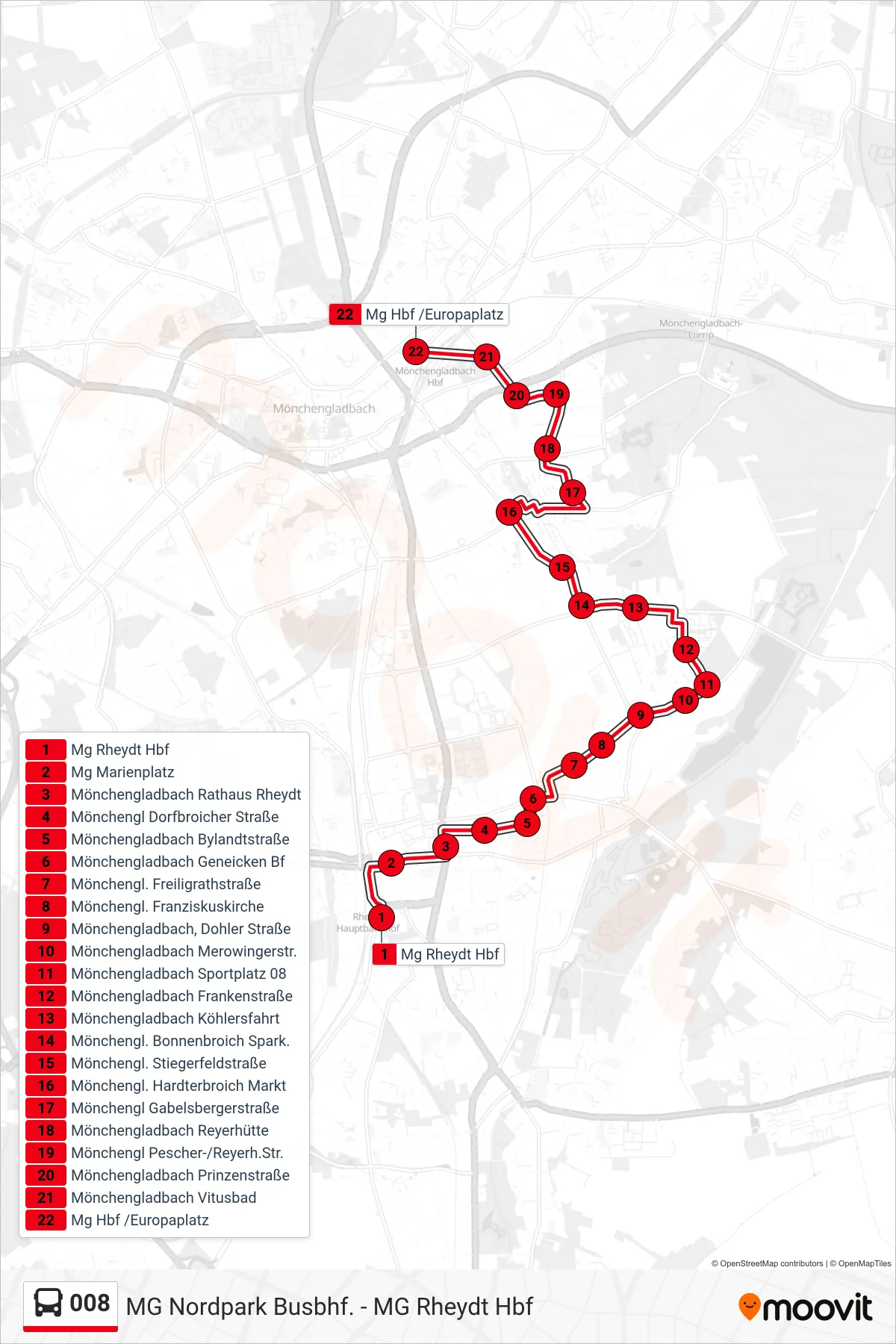 008 bus Line (Mg Hbf /Europaplatz) route and stops on a map