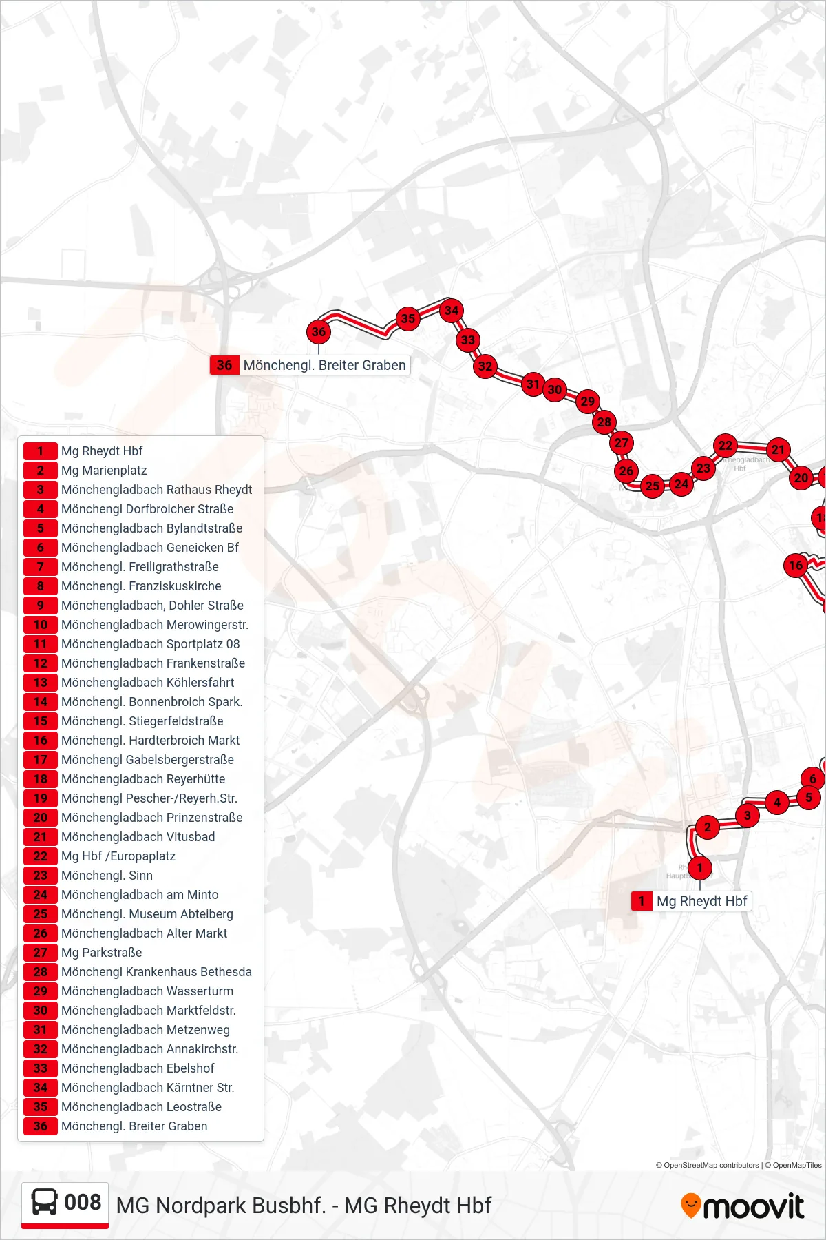 008 bus Line (Mönchengl. Breiter Graben) route and stops on a map
