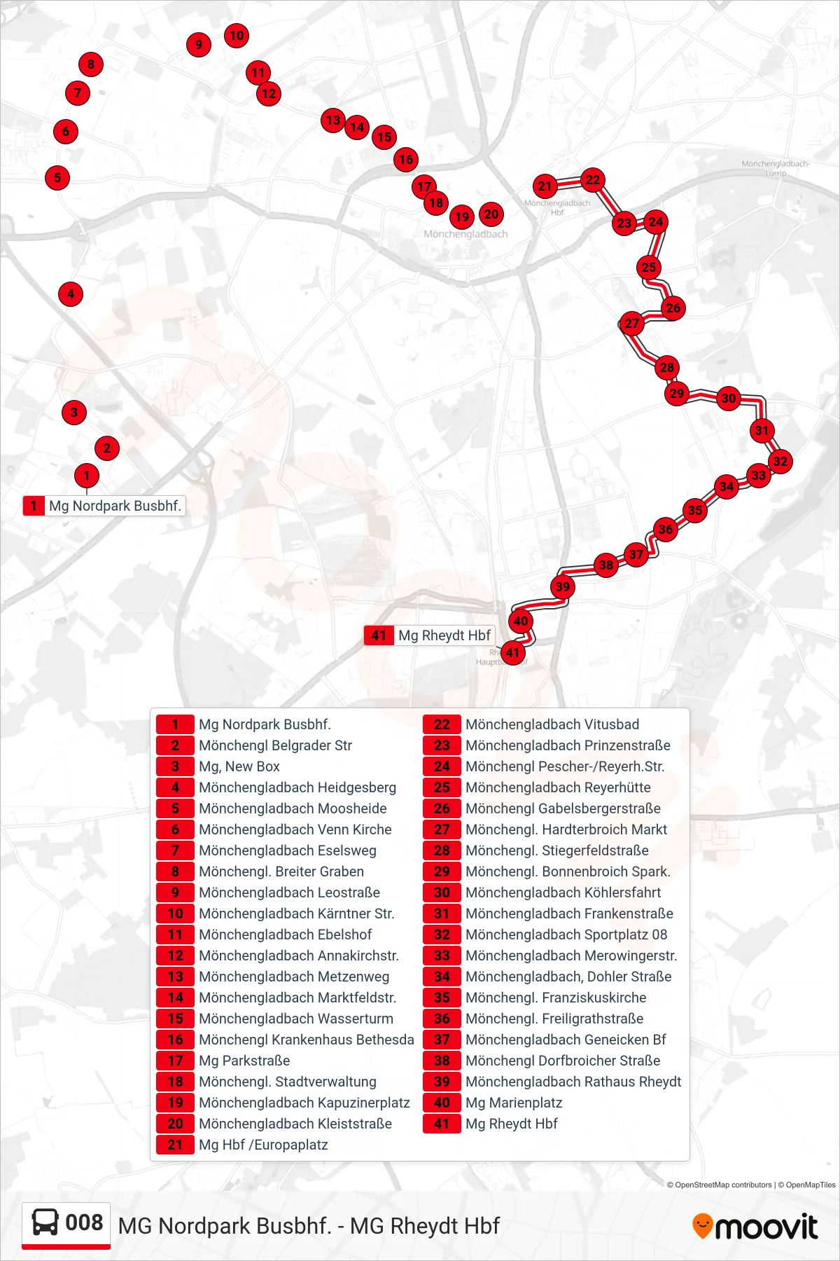 Linie 008 (Bus) Richtung Mg Rheydt Hbf: Route und Haltestellen auf der Karte