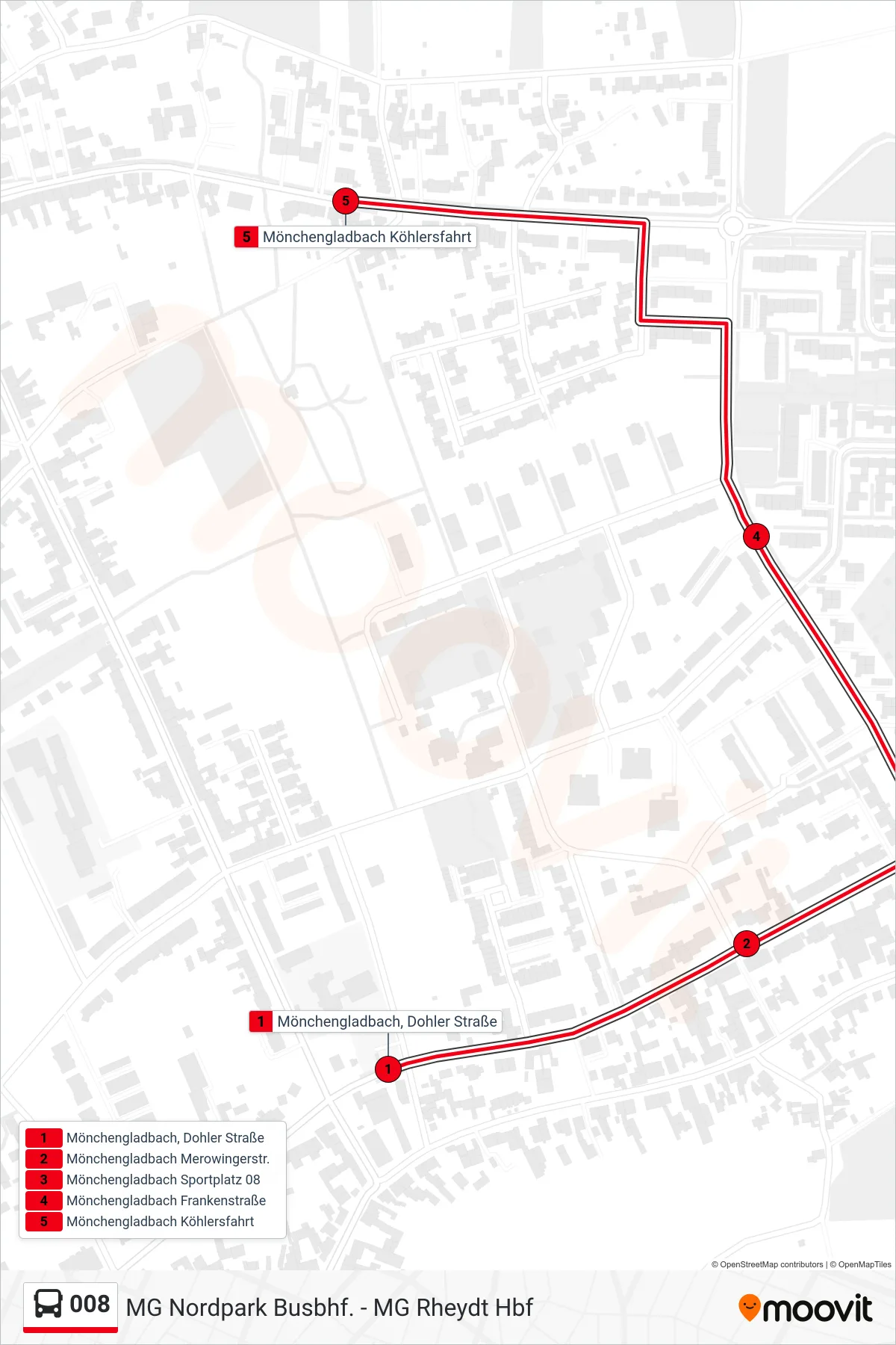 008 bus Line (Mönchengladbach Köhlersfahrt) route and stops on a map