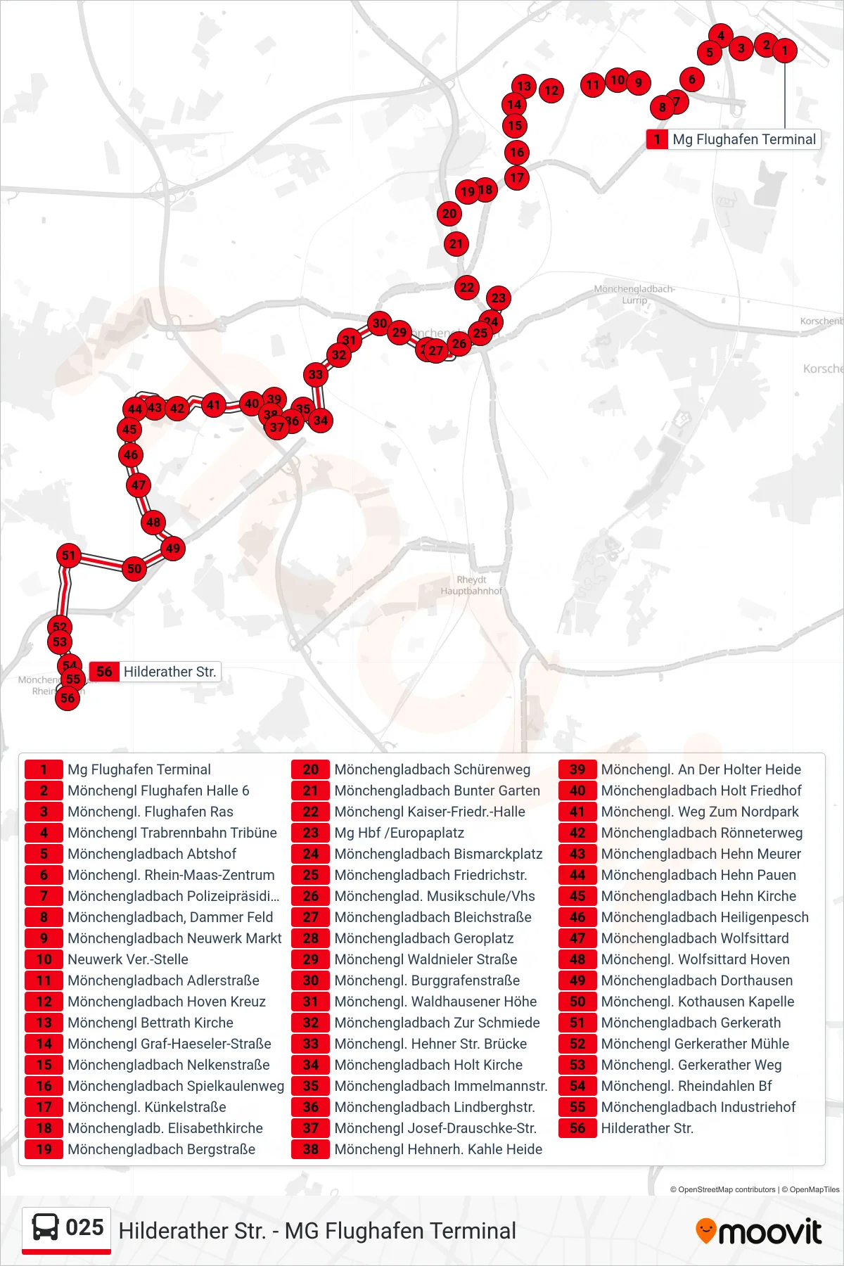 025 bus Line (Hilderather Str.) route and stops on a map