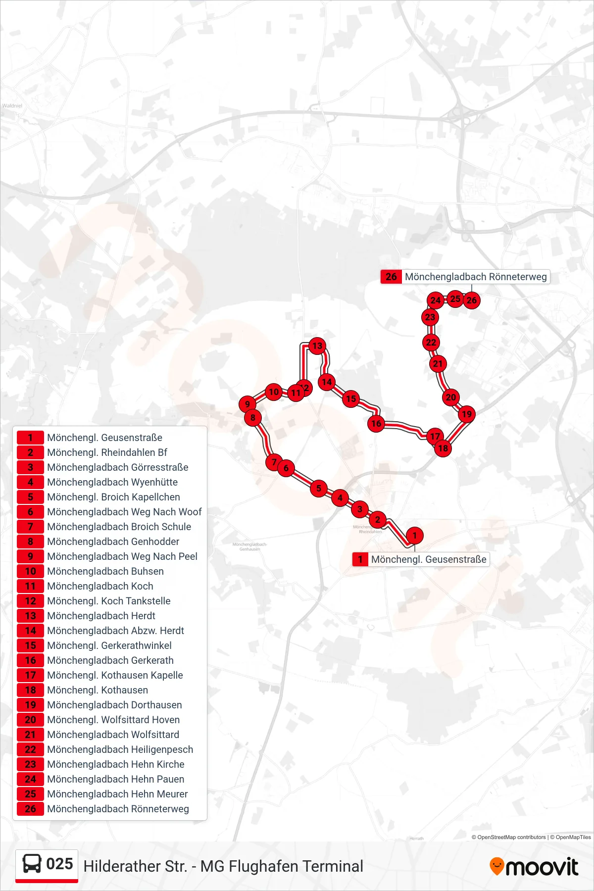 025 bus Line (Mönchengladbach Rönneterweg) route and stops on a map
