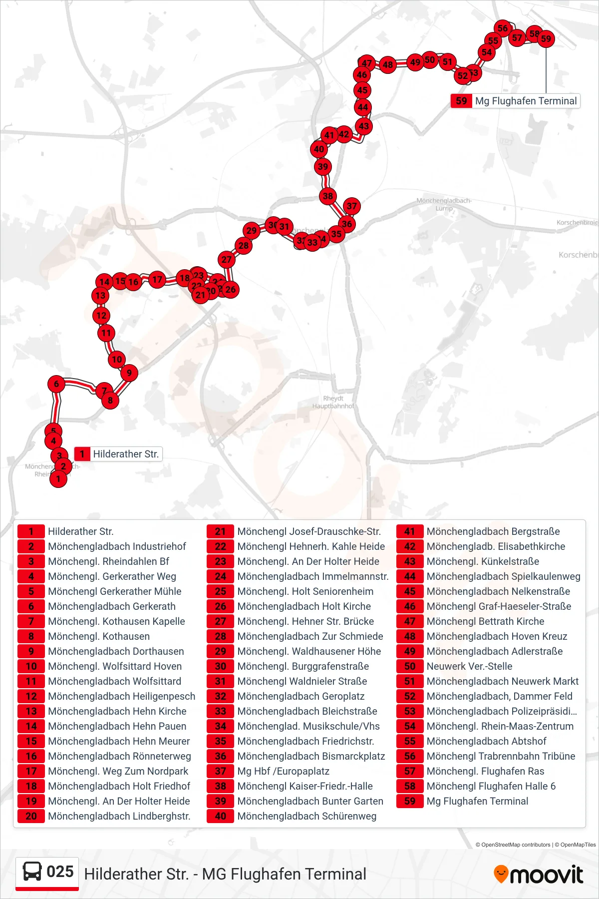 025 bus Line (Mg Flughafen Terminal) route and stops on a map