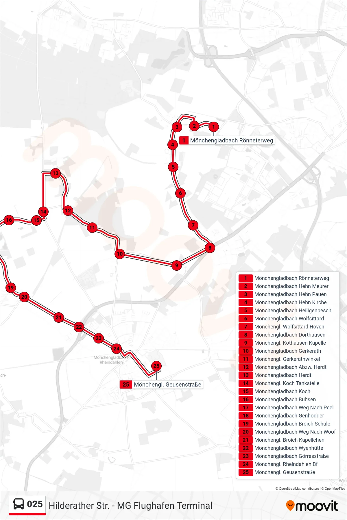 025 bus Line (Mönchengl. Geusenstraße) route and stops on a map