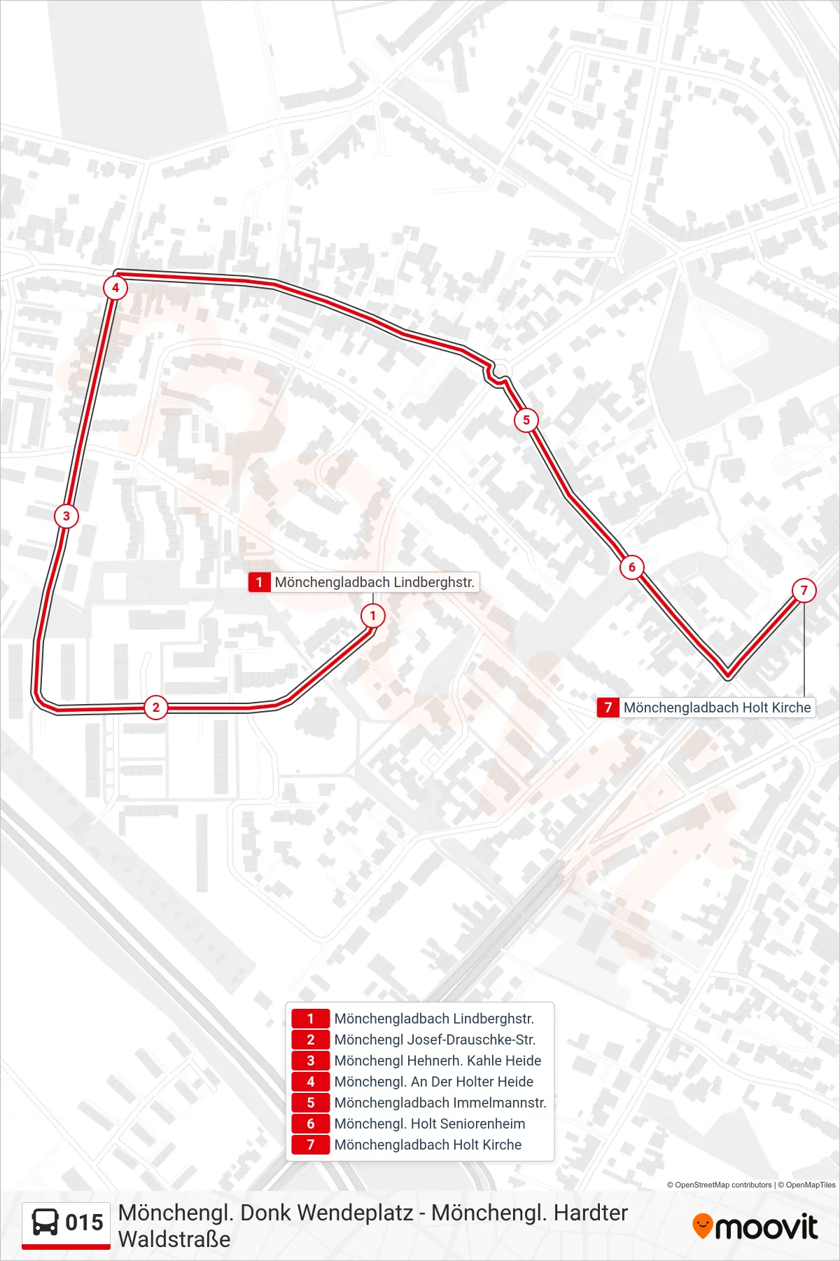 015 bus Line (Mönchengladbach Holt Kirche) route and stops on a map