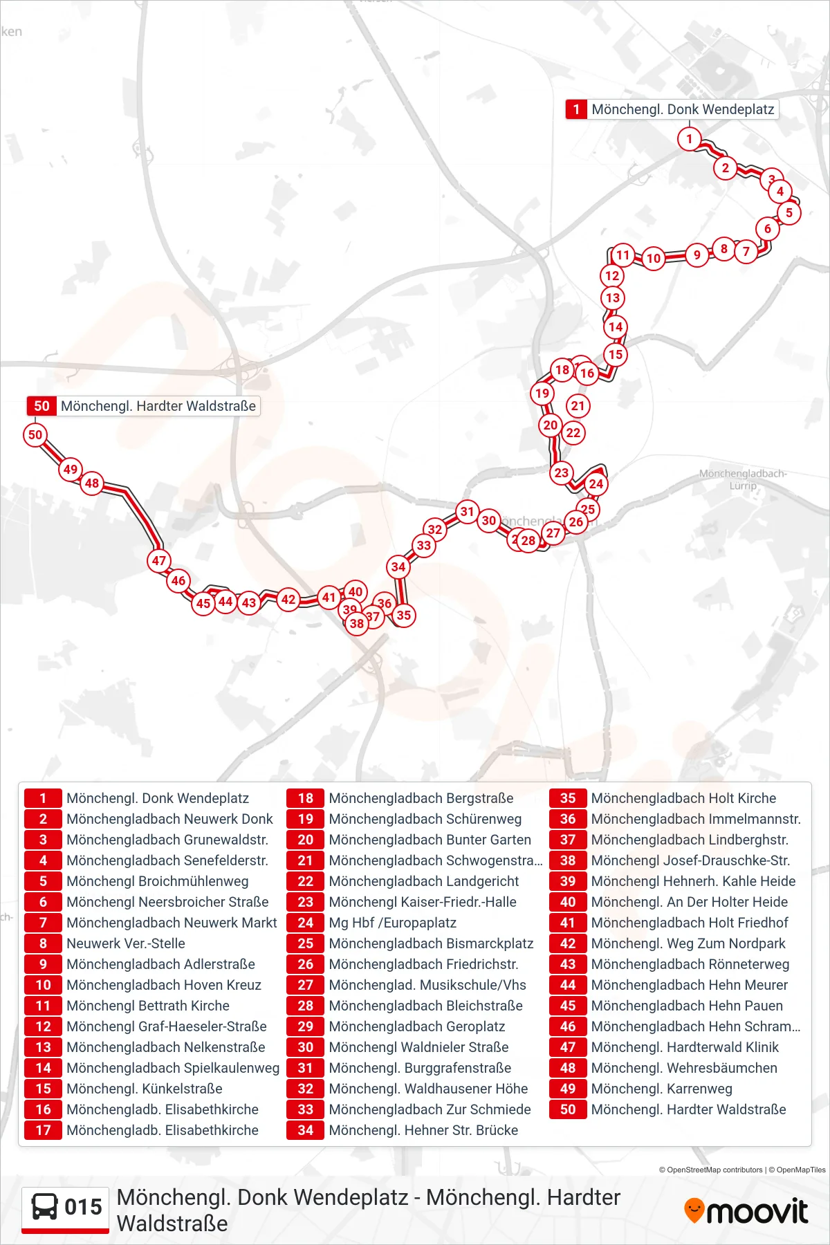 015 bus Line (Mönchengl. Hardter Waldstraße) route and stops on a map