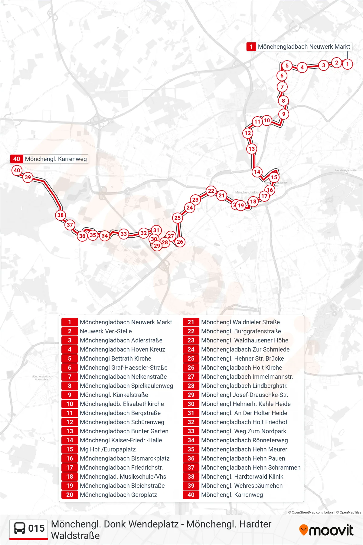 Linie 015 (Bus) Richtung Mönchengl. Karrenweg: Route und Haltestellen auf der Karte