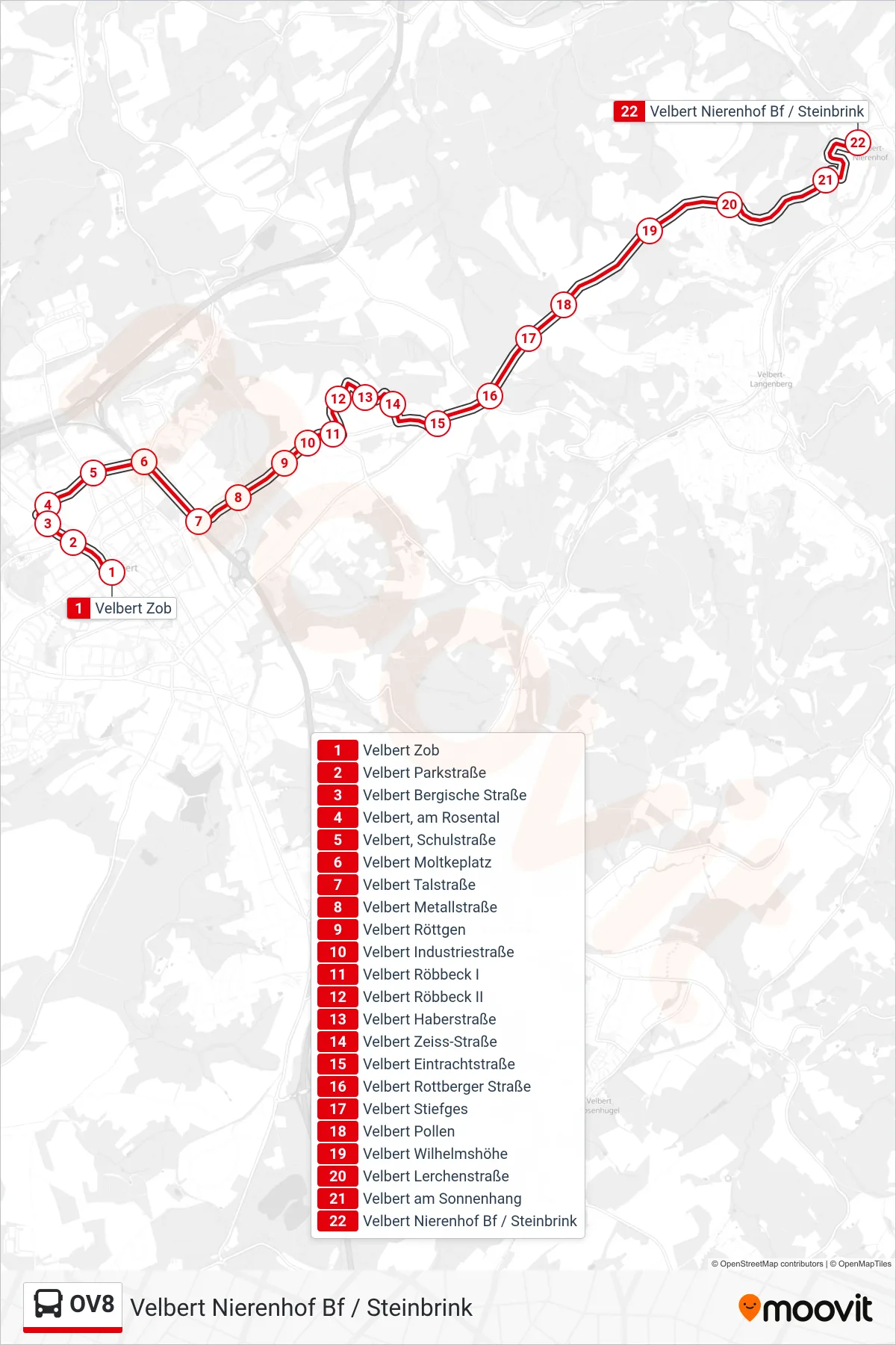 OV8 bus Line (Velbert Nierenhof Bf / Steinbrink) route and stops on a map